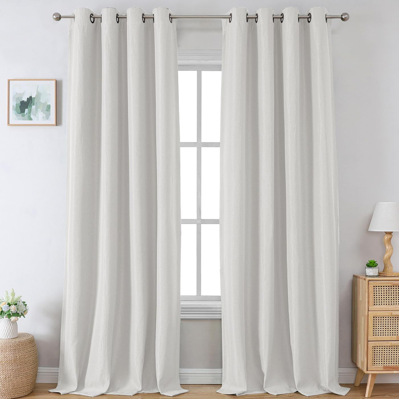 H.VERSAILTEX Linen Blackout Curtains 96 Inch Linen Textured Room Darkening Curtain for Bedroom Boho Rustic Farmhouse Decor Burlap Curtains Grommet Linen Curtain Drapes 2 Panels, Heather Light Taupe