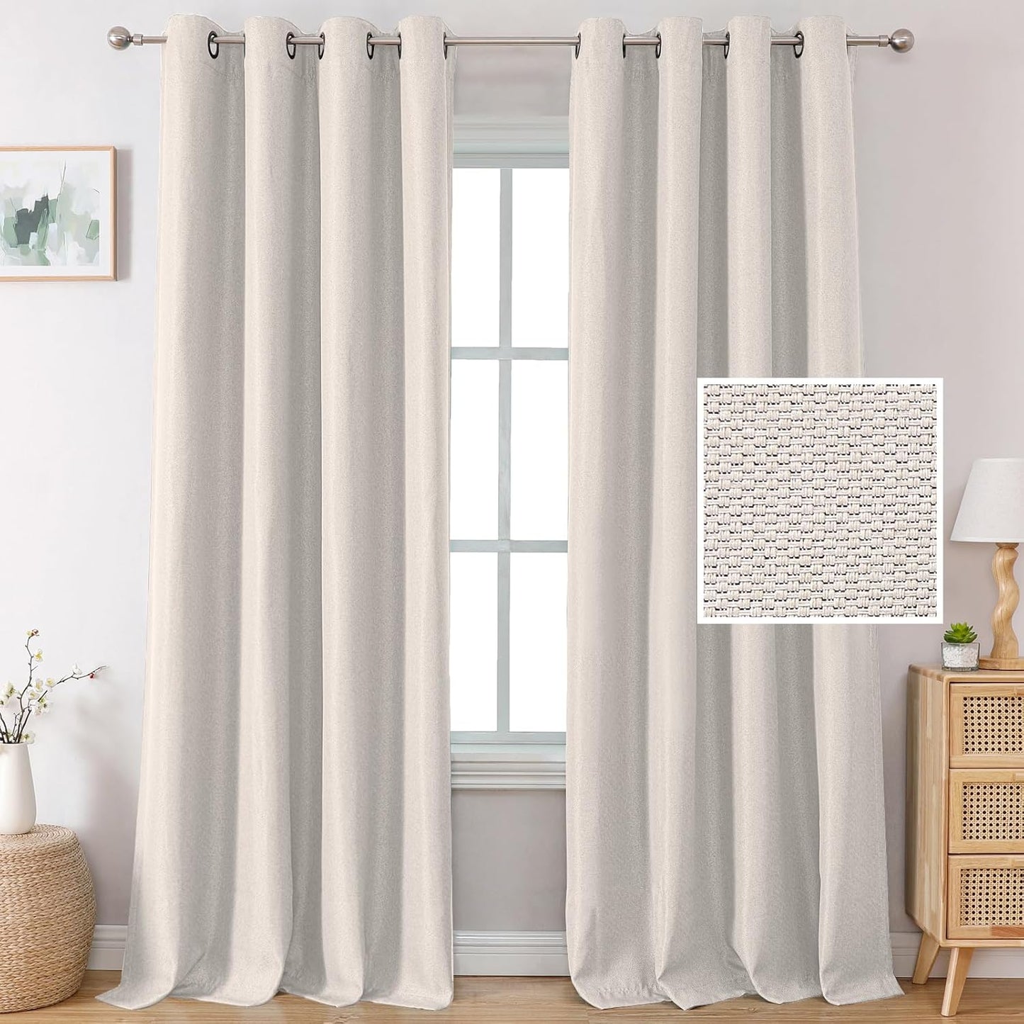 H.VERSAILTEX Linen Blackout Curtains 96 Inch Linen Textured Room Darkening Curtain for Bedroom Boho Rustic Farmhouse Decor Burlap Curtains Grommet Linen Curtain Drapes 2 Panels, Heather Light Taupe