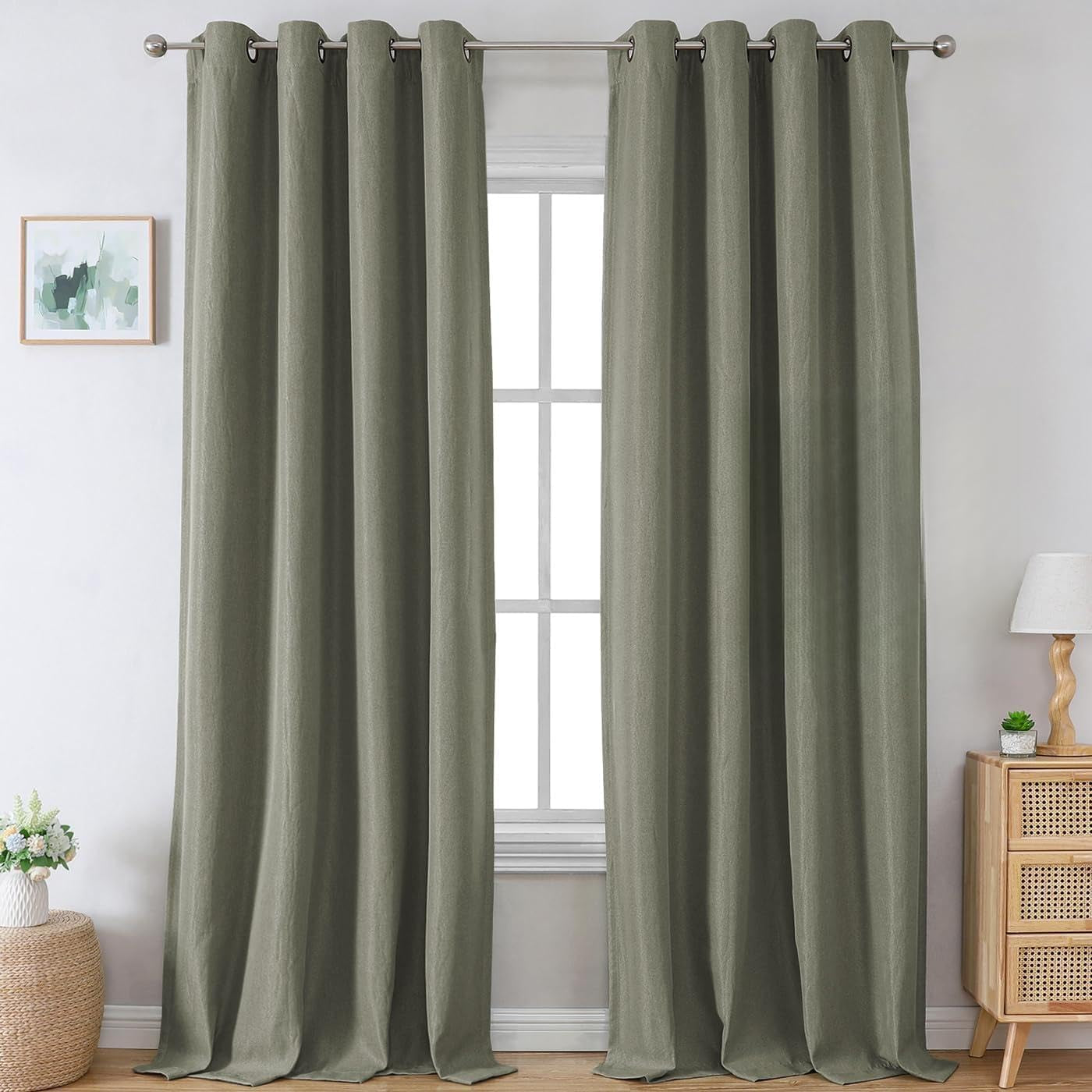 H.VERSAILTEX Linen Blackout Curtains 96 Inch Linen Textured Room Darkening Curtain for Bedroom Boho Rustic Farmhouse Decor Burlap Curtains Grommet Linen Curtain Drapes 2 Panels, Heather Light Taupe