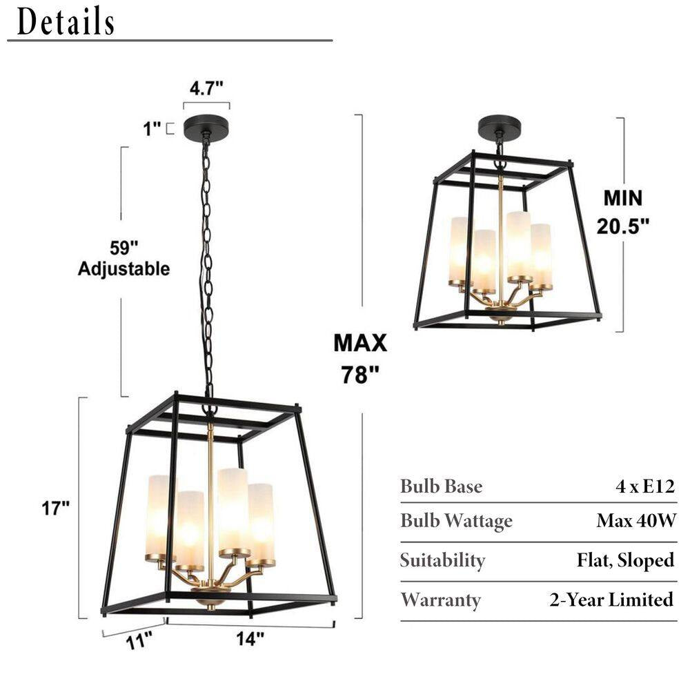 Industrial 4-Light Black Rectangle Chandelier with Frosted Glass Shades, Transitional Gold Pendant Light for Dining Room