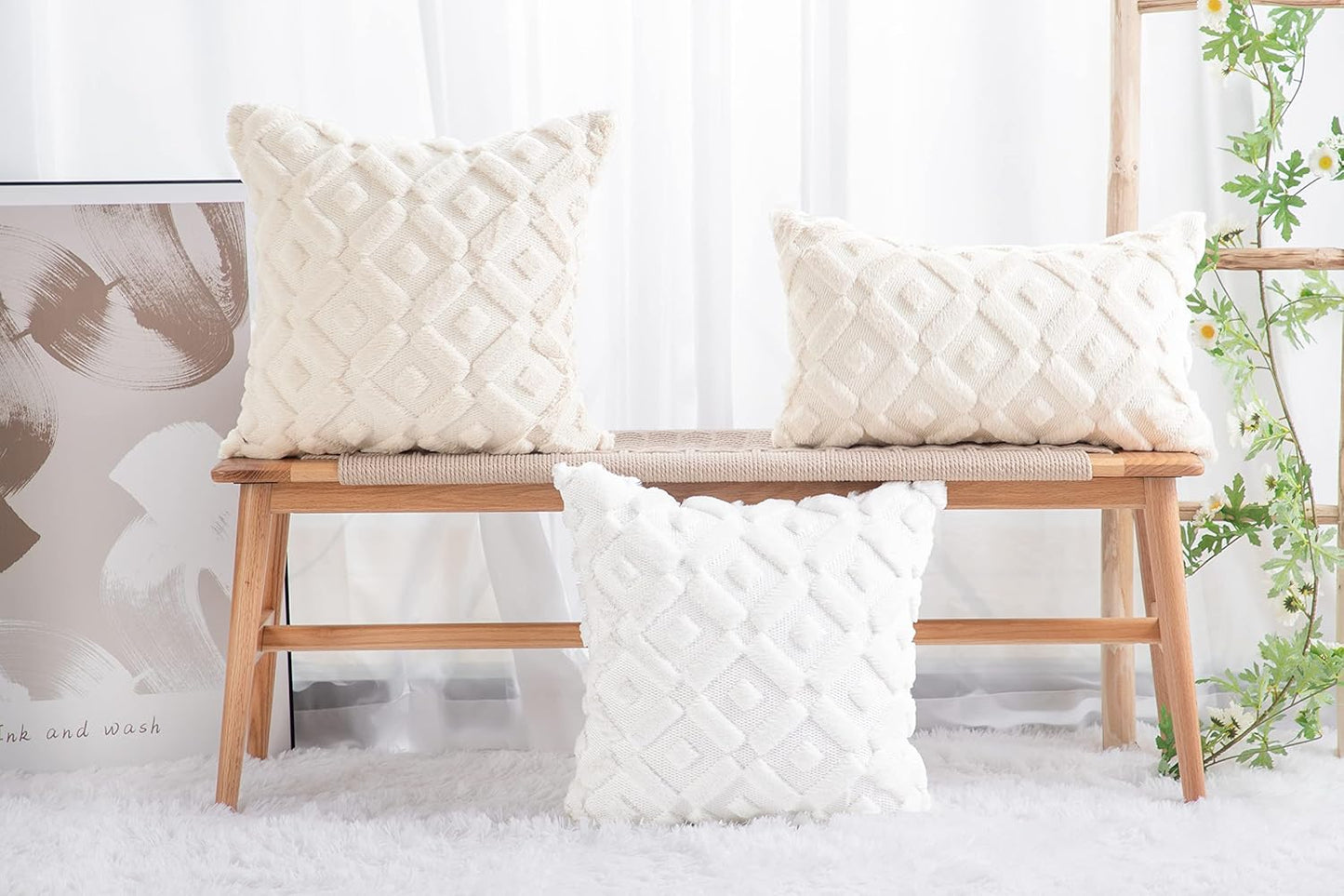 MADIZZ Set of 2 Beige Plush Short Wool Throw Pillow Covers 20X20 Inch Square Super Soft Cozy Decorative Velvet Cushion Cover for Sofa Bedroom Livingroom Pillow Shell