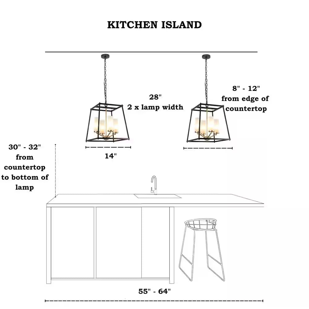 Industrial 4-Light Black Rectangle Chandelier with Frosted Glass Shades, Transitional Gold Pendant Light for Dining Room