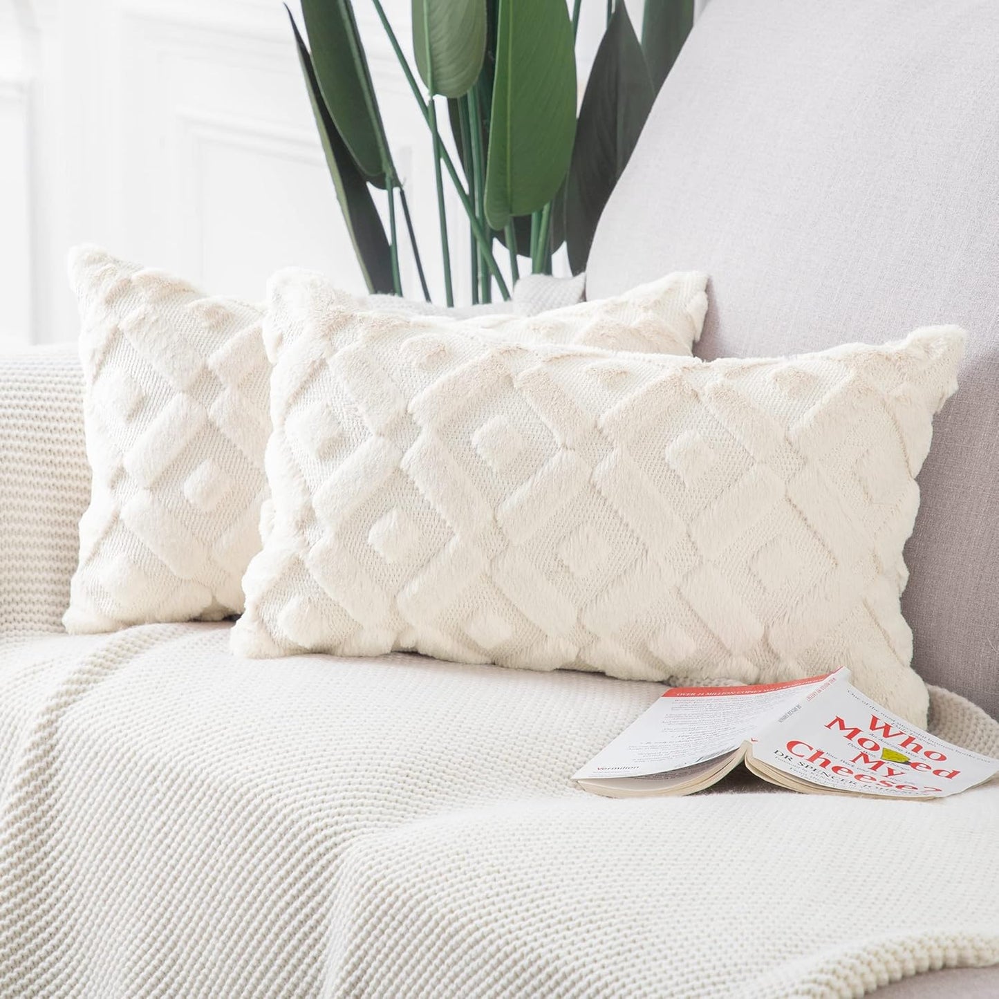 MADIZZ Set of 2 Beige Plush Short Wool Throw Pillow Covers 20X20 Inch Square Super Soft Cozy Decorative Velvet Cushion Cover for Sofa Bedroom Livingroom Pillow Shell