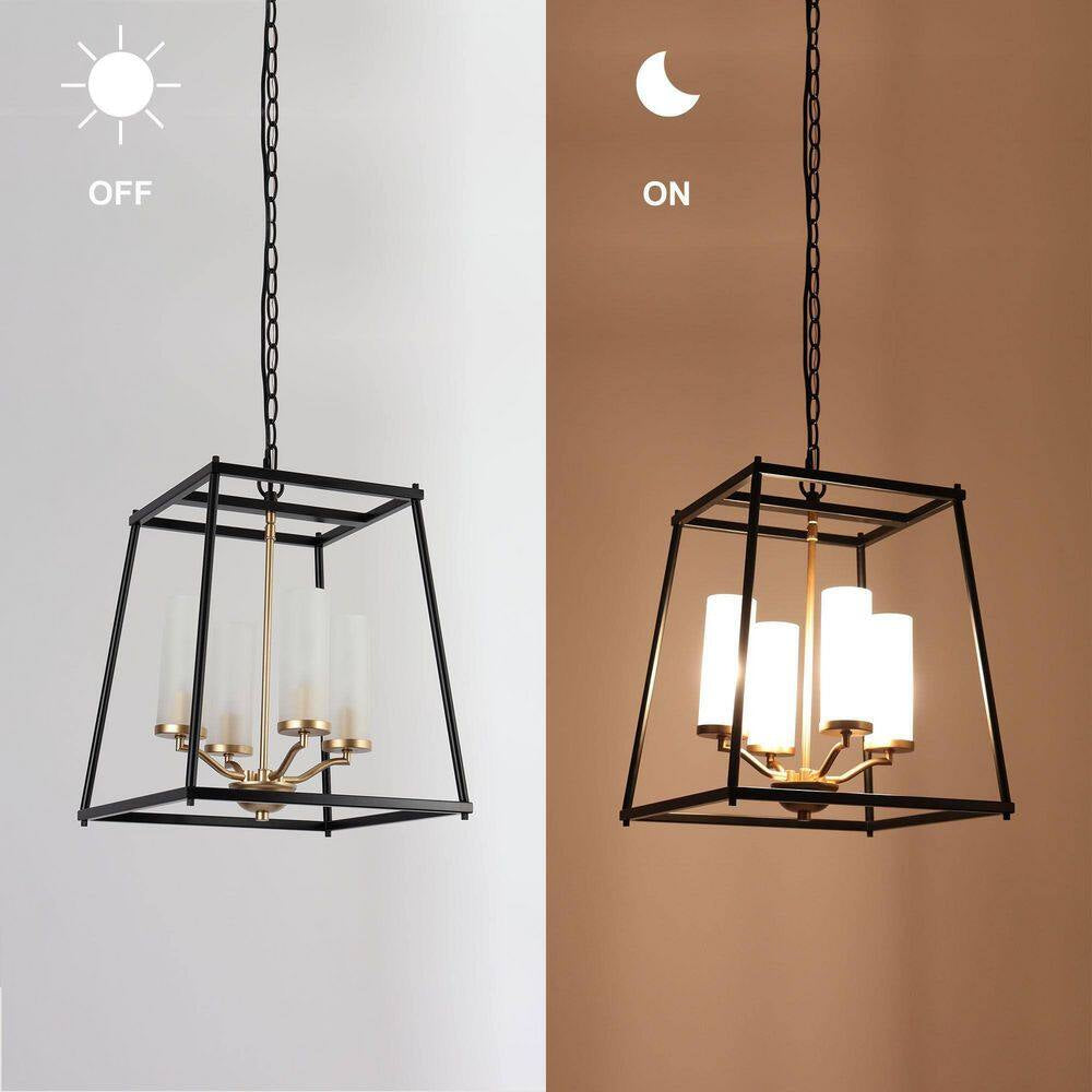 Industrial 4-Light Black Rectangle Chandelier with Frosted Glass Shades, Transitional Gold Pendant Light for Dining Room