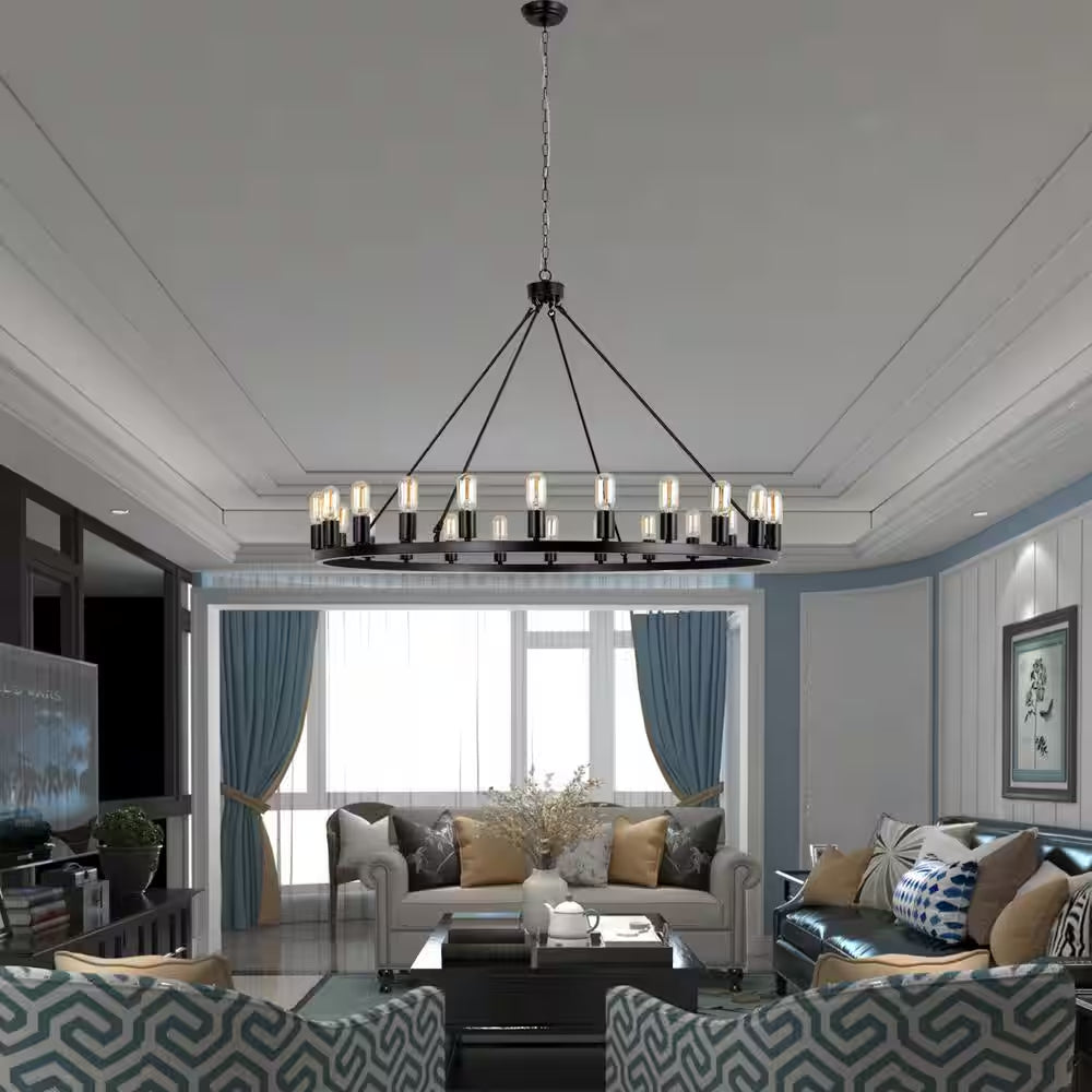 Bismarck 24-Light Black Candle Style Wagon Wheel Chandelier (No Assembly Required for Chandelier Body)
