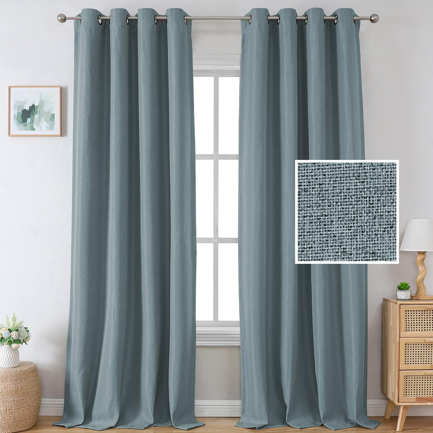 H.VERSAILTEX Linen Blackout Curtains 96 Inch Linen Textured Room Darkening Curtain for Bedroom Boho Rustic Farmhouse Decor Burlap Curtains Grommet Linen Curtain Drapes 2 Panels, Heather Light Taupe