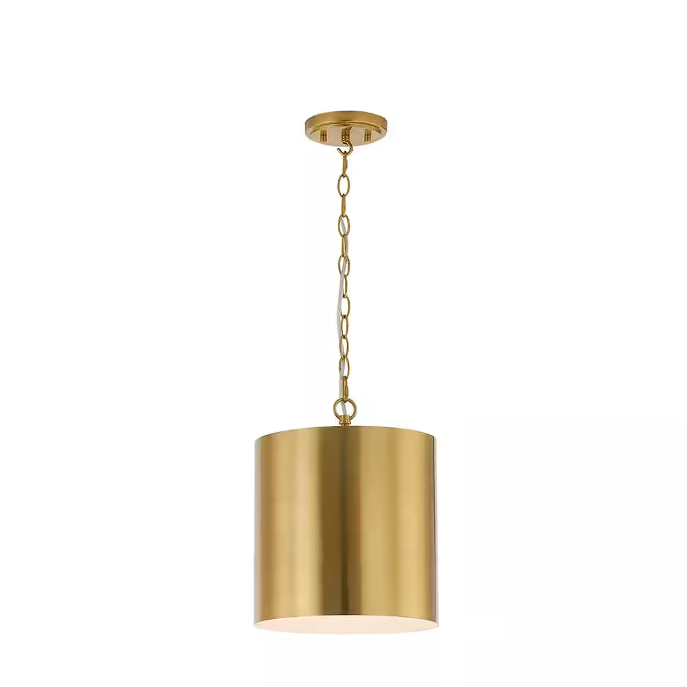 Bandeau 1-Light Aged Brass Finish Shaded Pendant Light with White inside Metal Shade