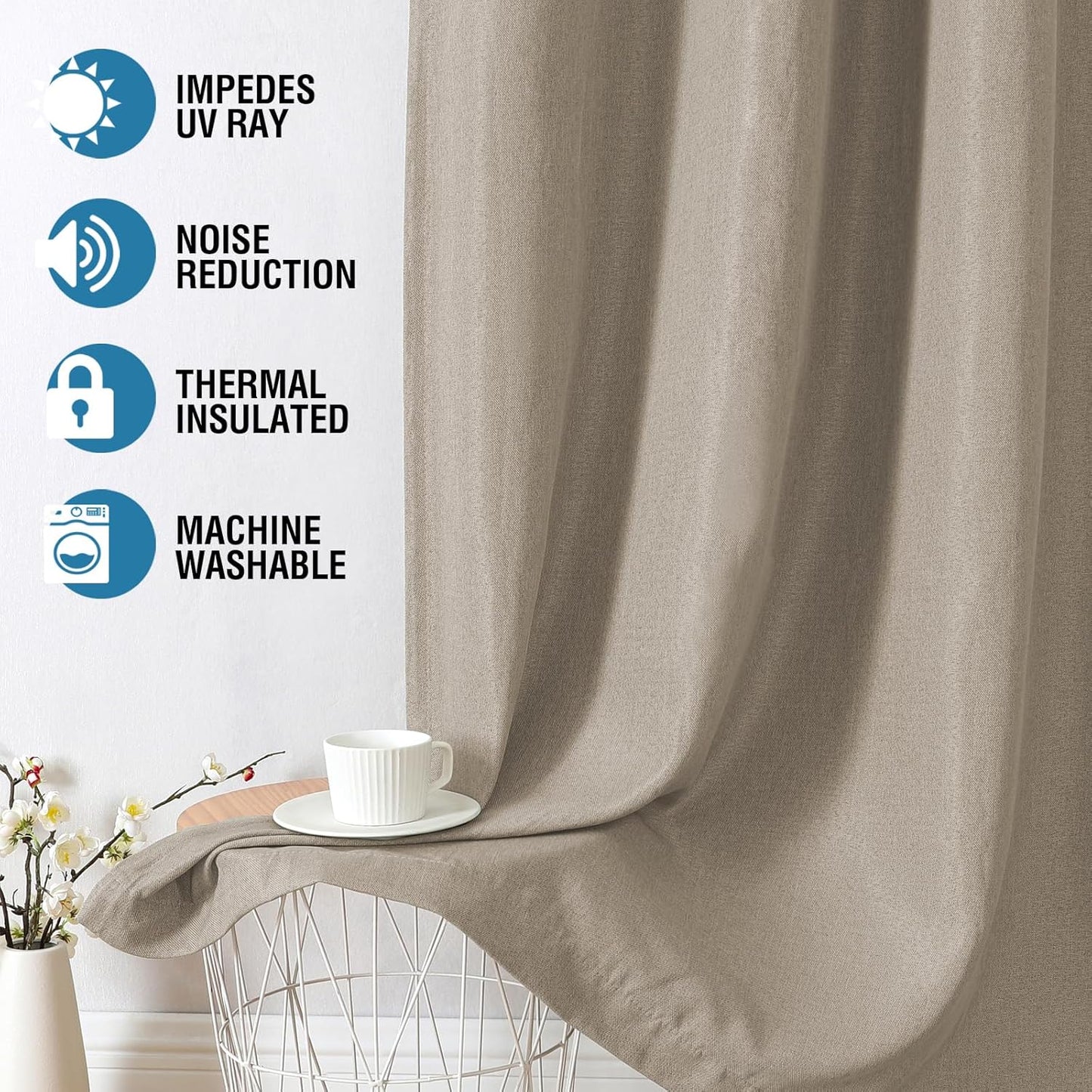 H.VERSAILTEX Linen Blackout Curtains 96 Inch Linen Textured Room Darkening Curtain for Bedroom Boho Rustic Farmhouse Decor Burlap Curtains Grommet Linen Curtain Drapes 2 Panels, Heather Light Taupe