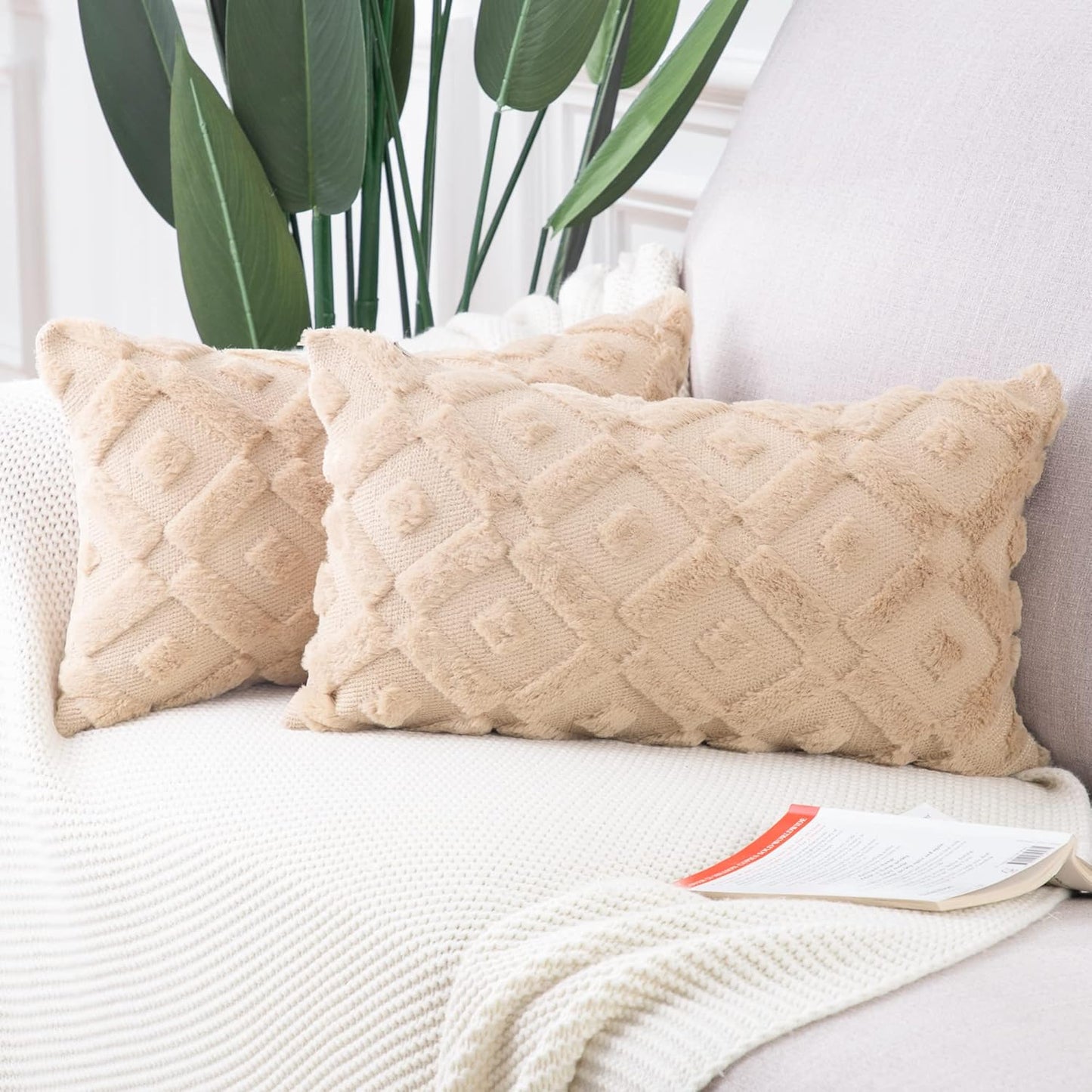 MADIZZ Set of 2 Beige Plush Short Wool Throw Pillow Covers 20X20 Inch Square Super Soft Cozy Decorative Velvet Cushion Cover for Sofa Bedroom Livingroom Pillow Shell