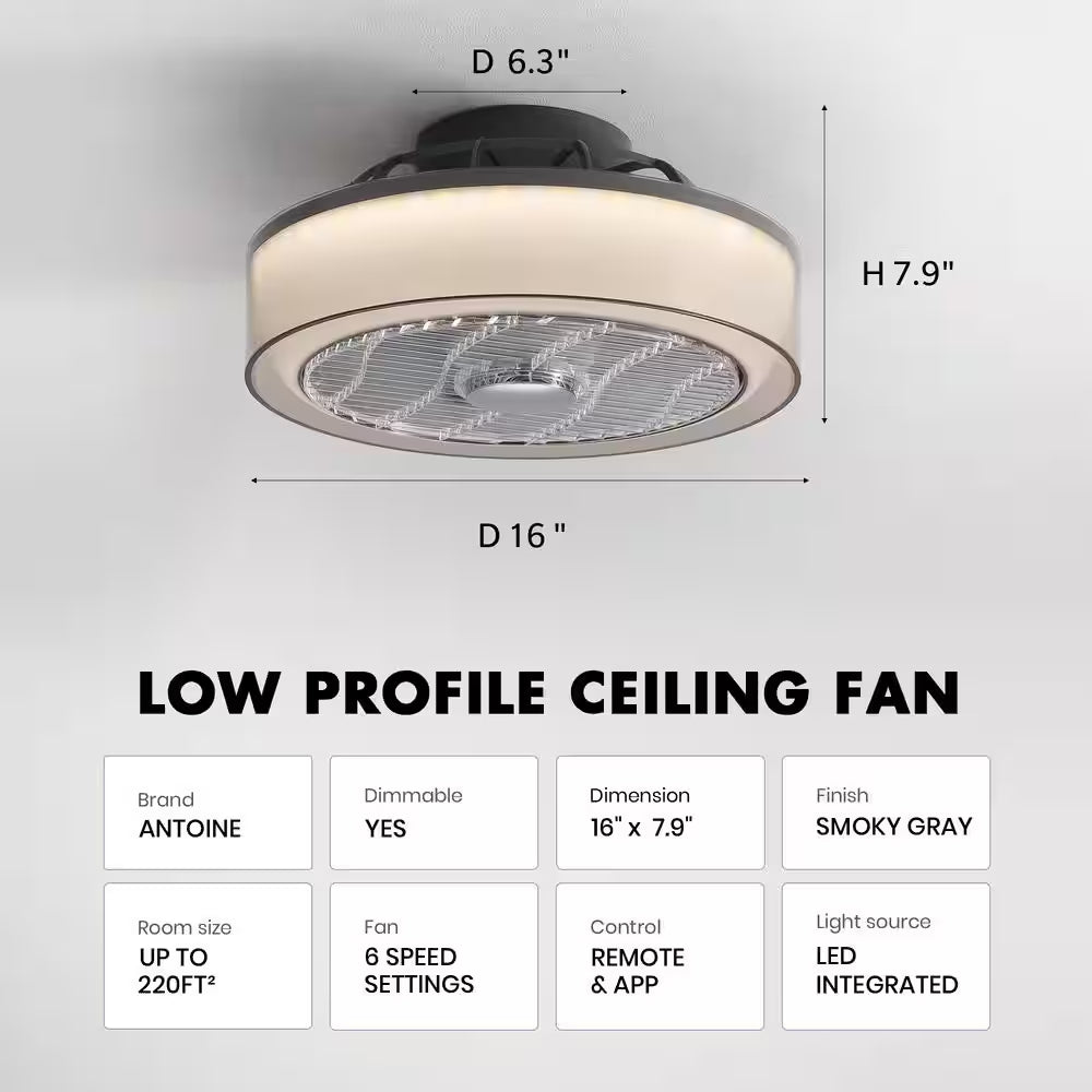 16 In. Indoor Smoky Gray Low Profile Ceiling Fan with Dimmable LED Light Flush Mount Bedroom Ceiling Fan with Remote