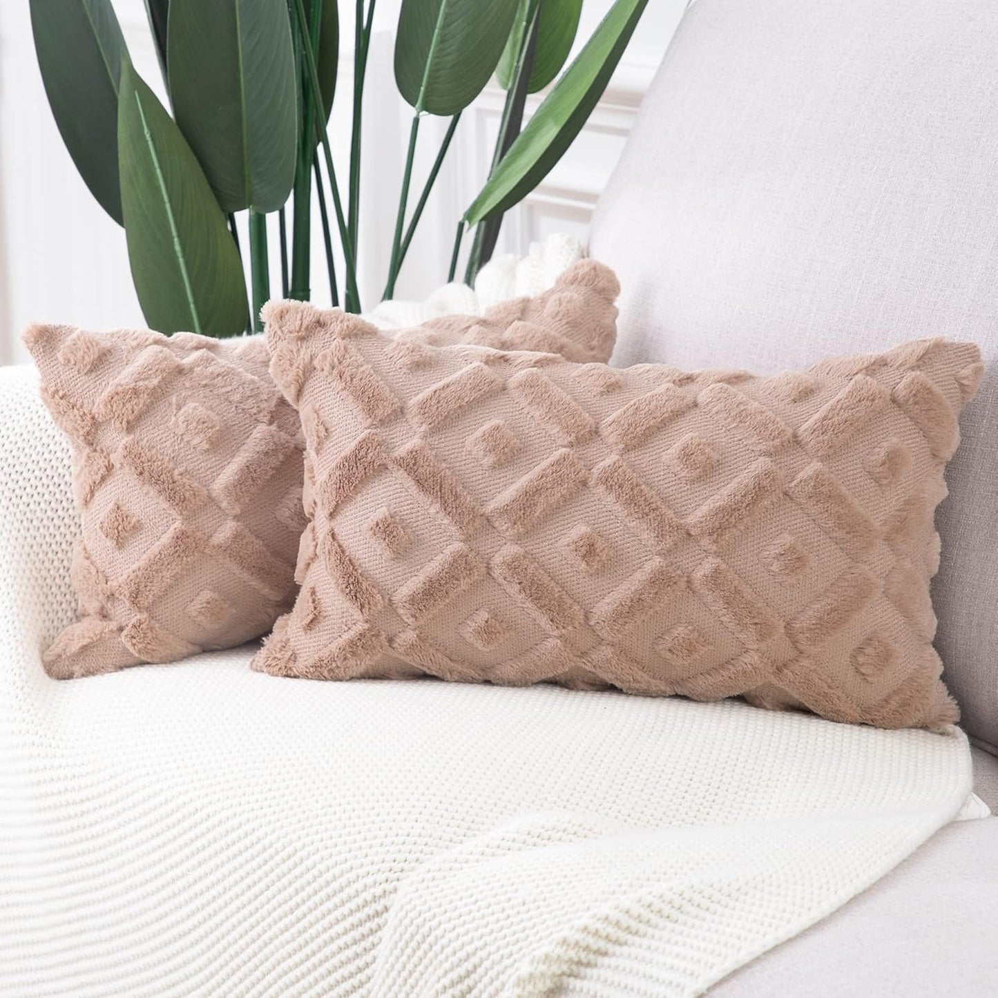 MADIZZ Set of 2 Beige Plush Short Wool Throw Pillow Covers 20X20 Inch Square Super Soft Cozy Decorative Velvet Cushion Cover for Sofa Bedroom Livingroom Pillow Shell