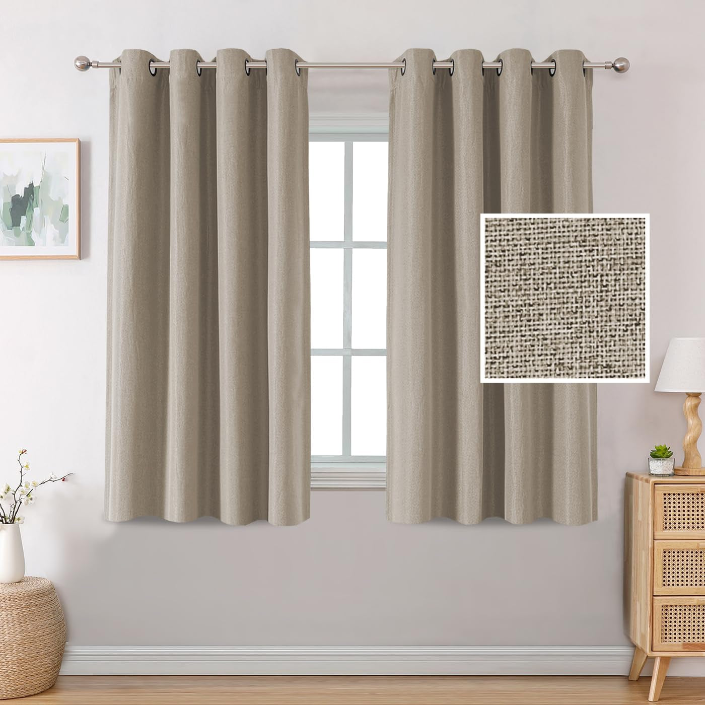 H.VERSAILTEX Linen Blackout Curtains 96 Inch Linen Textured Room Darkening Curtain for Bedroom Boho Rustic Farmhouse Decor Burlap Curtains Grommet Linen Curtain Drapes 2 Panels, Heather Light Taupe