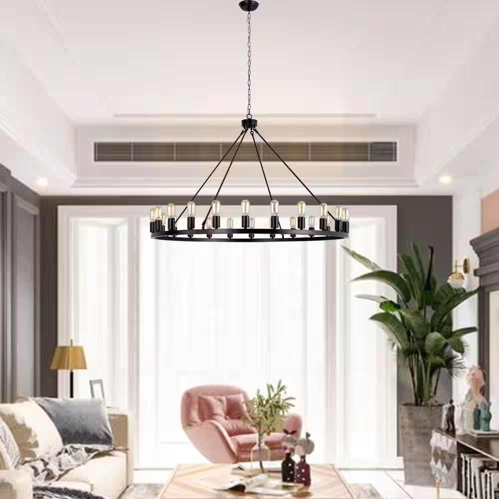 Bismarck 24-Light Black Candle Style Wagon Wheel Chandelier (No Assembly Required for Chandelier Body)