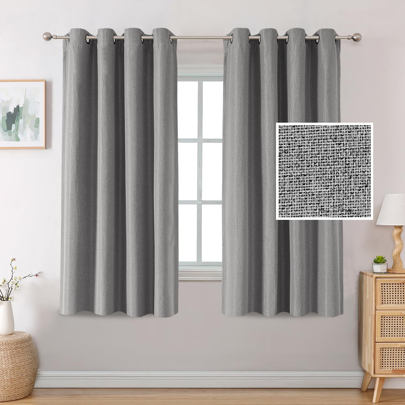 H.VERSAILTEX Linen Blackout Curtains 96 Inch Linen Textured Room Darkening Curtain for Bedroom Boho Rustic Farmhouse Decor Burlap Curtains Grommet Linen Curtain Drapes 2 Panels, Heather Light Taupe