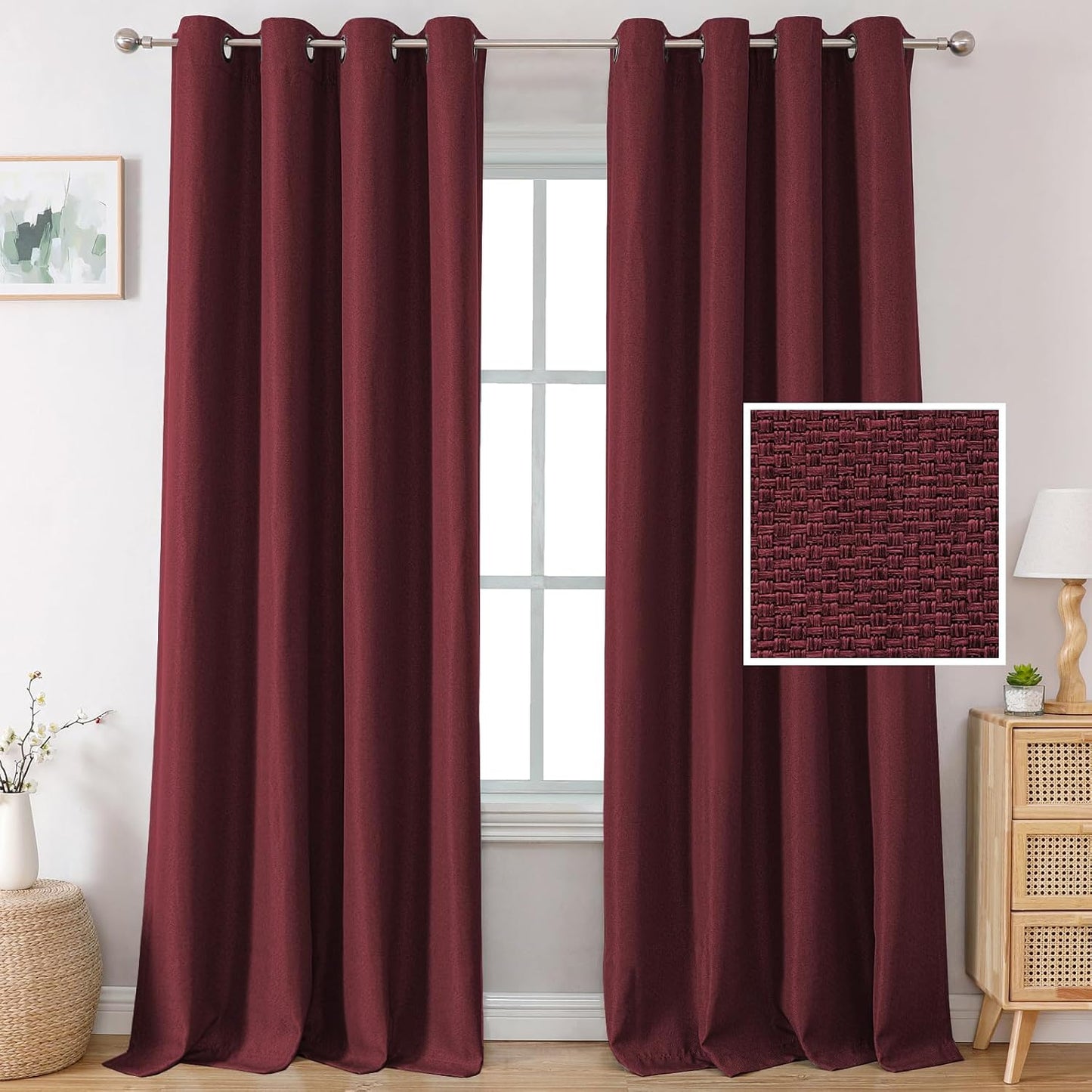 H.VERSAILTEX Linen Blackout Curtains 96 Inch Linen Textured Room Darkening Curtain for Bedroom Boho Rustic Farmhouse Decor Burlap Curtains Grommet Linen Curtain Drapes 2 Panels, Heather Light Taupe