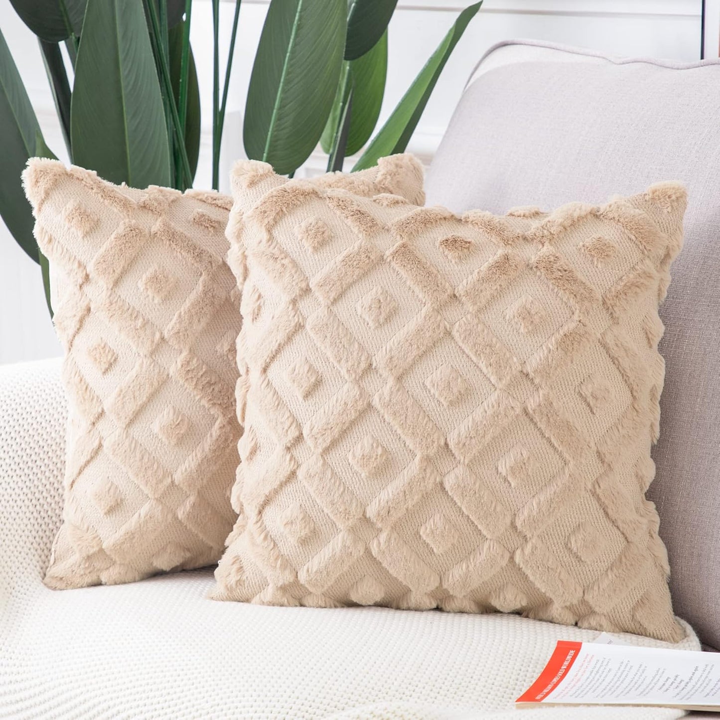 MADIZZ Set of 2 Beige Plush Short Wool Throw Pillow Covers 20X20 Inch Square Super Soft Cozy Decorative Velvet Cushion Cover for Sofa Bedroom Livingroom Pillow Shell