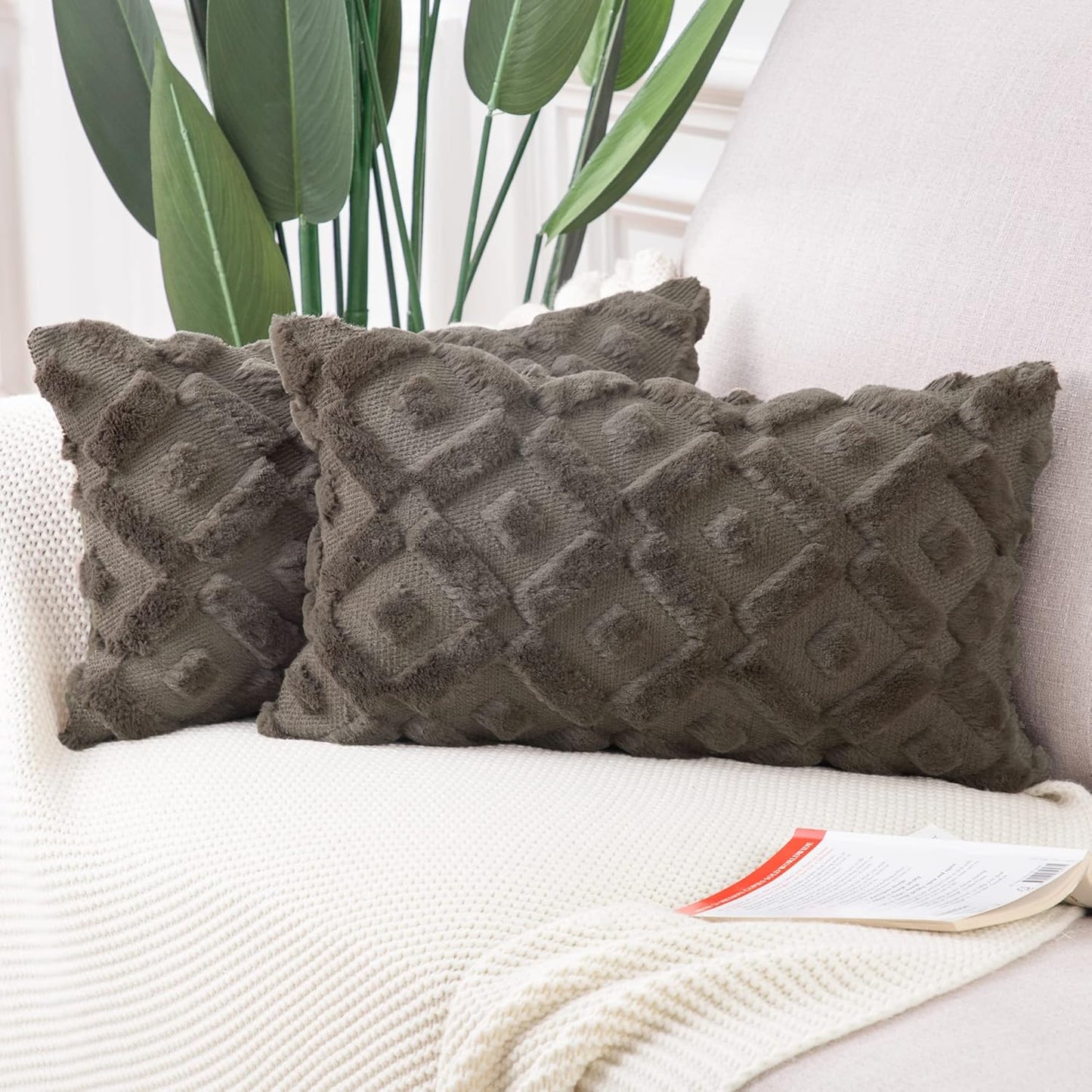 MADIZZ Set of 2 Beige Plush Short Wool Throw Pillow Covers 20X20 Inch Square Super Soft Cozy Decorative Velvet Cushion Cover for Sofa Bedroom Livingroom Pillow Shell