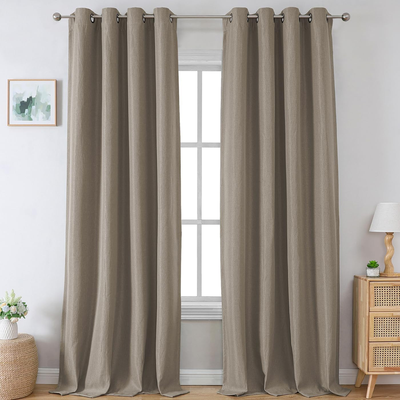H.VERSAILTEX Linen Blackout Curtains 96 Inch Linen Textured Room Darkening Curtain for Bedroom Boho Rustic Farmhouse Decor Burlap Curtains Grommet Linen Curtain Drapes 2 Panels, Heather Light Taupe