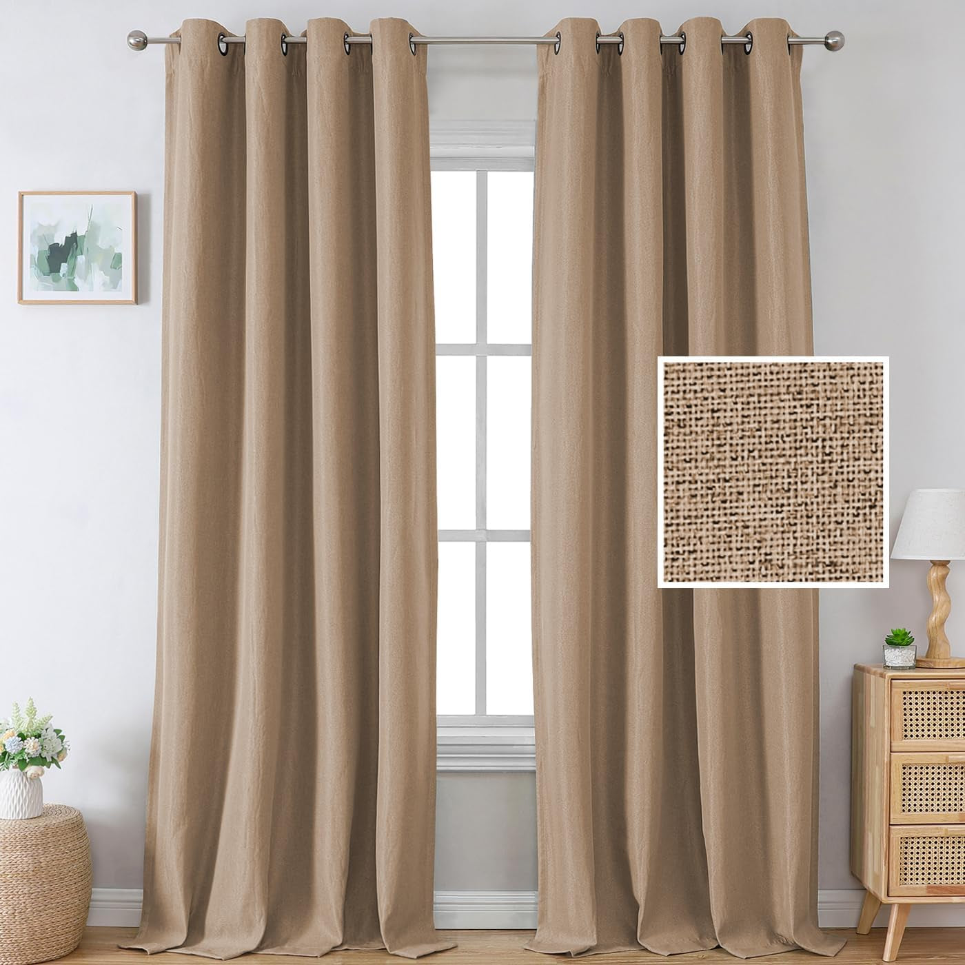 H.VERSAILTEX Linen Blackout Curtains 96 Inch Linen Textured Room Darkening Curtain for Bedroom Boho Rustic Farmhouse Decor Burlap Curtains Grommet Linen Curtain Drapes 2 Panels, Heather Light Taupe