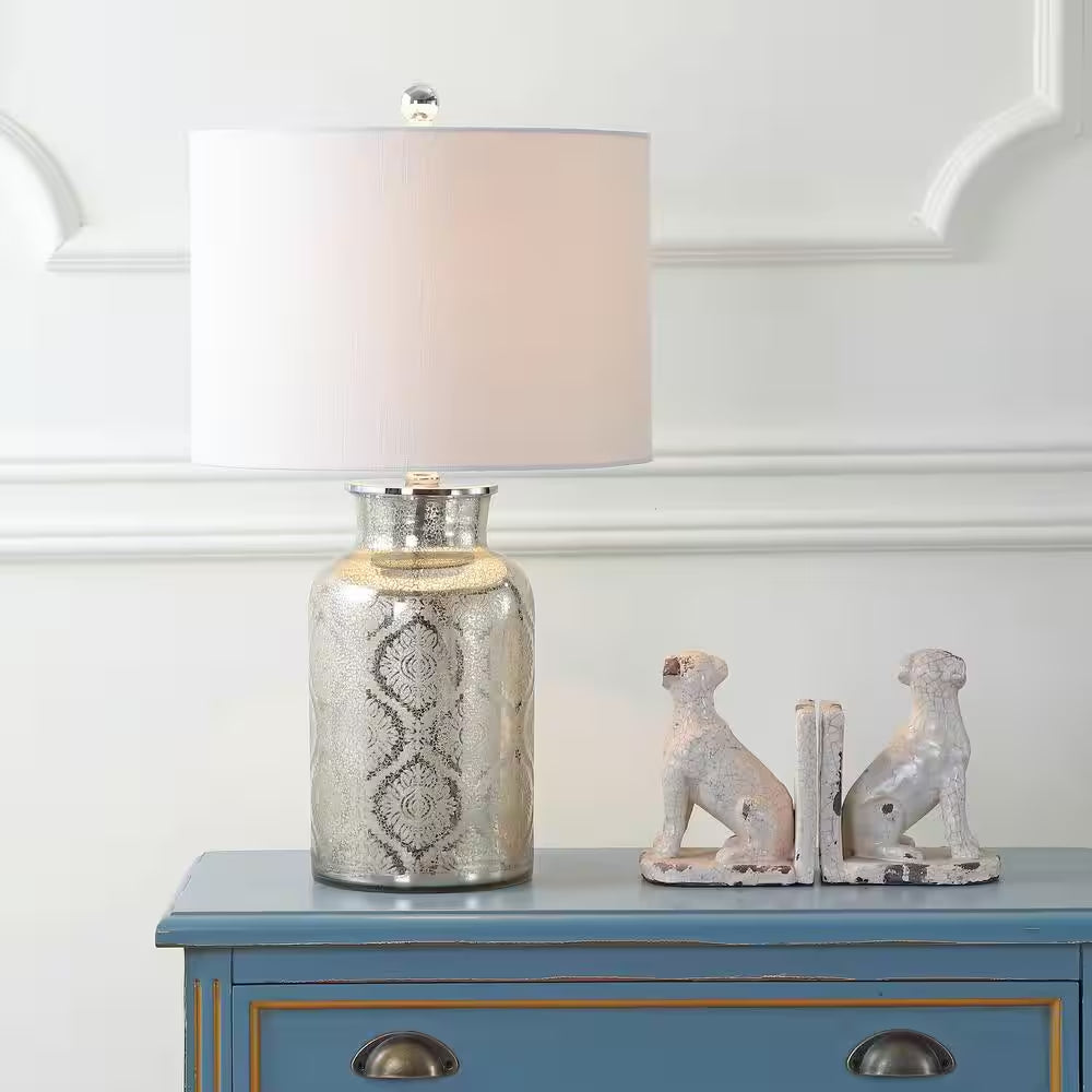 Emilia 24.5 In. Mercury Silver Trellis Pattern Glass Table Lamp