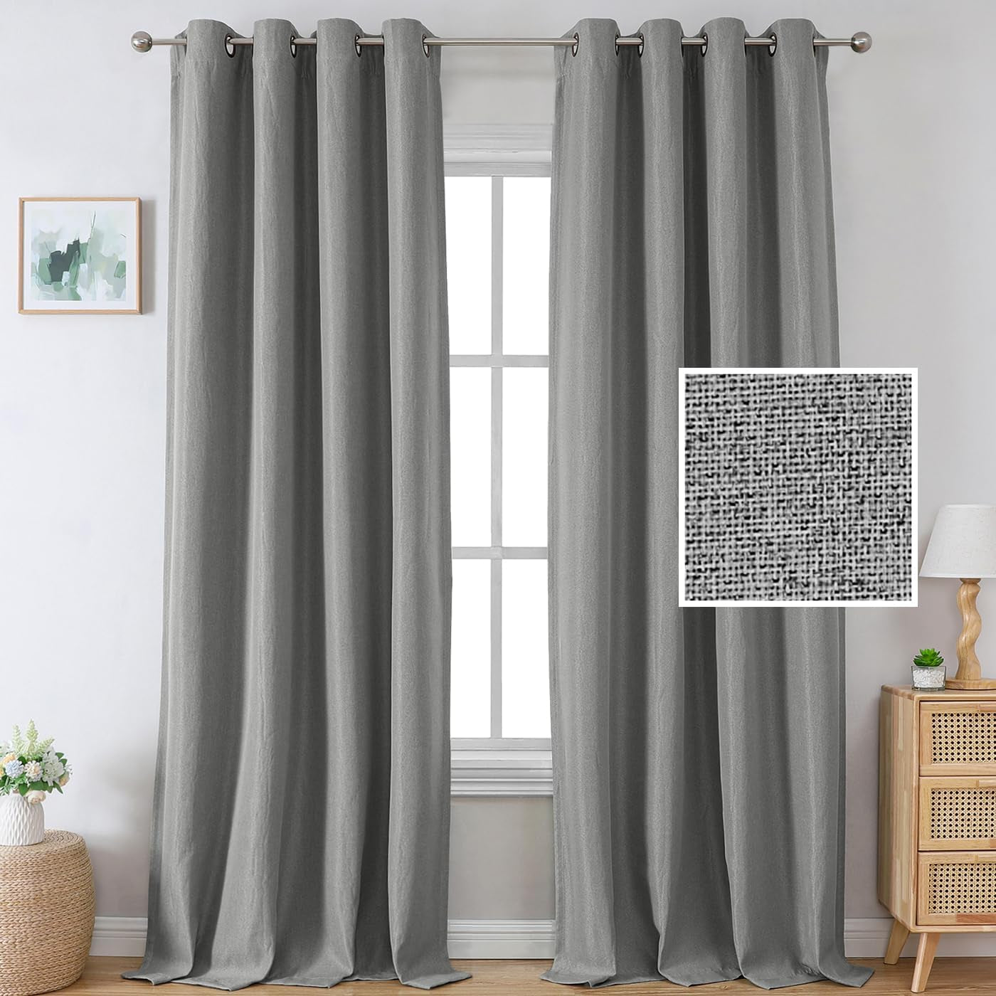 H.VERSAILTEX Linen Blackout Curtains 96 Inch Linen Textured Room Darkening Curtain for Bedroom Boho Rustic Farmhouse Decor Burlap Curtains Grommet Linen Curtain Drapes 2 Panels, Heather Light Taupe