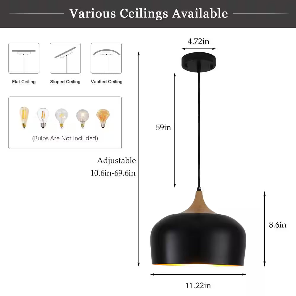 1-Light Black Metal Dome Pendant Light with Solid Wood Accents, No Bulbs Included