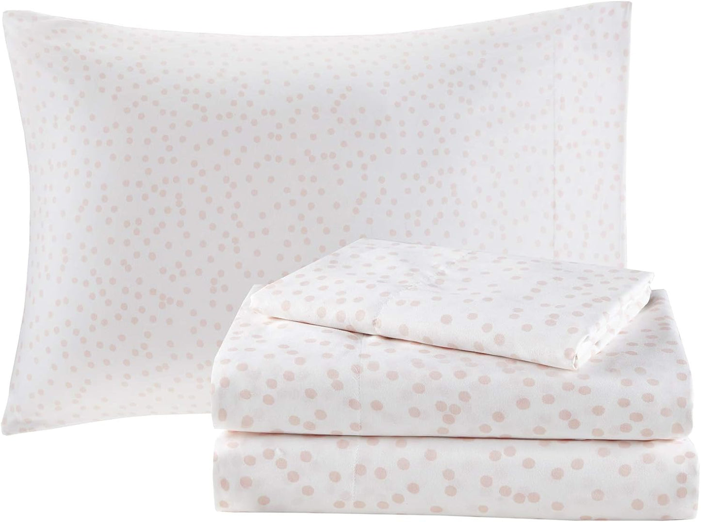 Lorna Complete Bed in a Bag Trendy Metallic Mermaid Scale Scallop Print Comforter with Polka Dots Sheet Set, Teen Bedding for Girls Bedroom, Twin, Blush 6 Piece