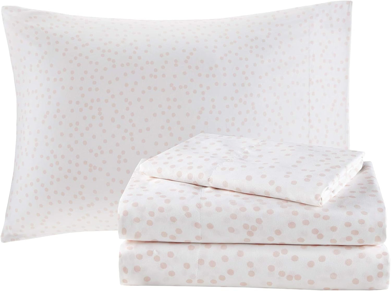 Lorna Complete Bed in a Bag Trendy Metallic Mermaid Scale Scallop Print Comforter with Polka Dots Sheet Set, Teen Bedding for Girls Bedroom, Twin, Blush 6 Piece