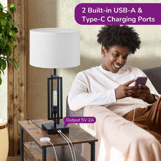 25.6 In. Black Table Lamp with USB Port and Nightlight, LED Bulbs Included (2-Pack)