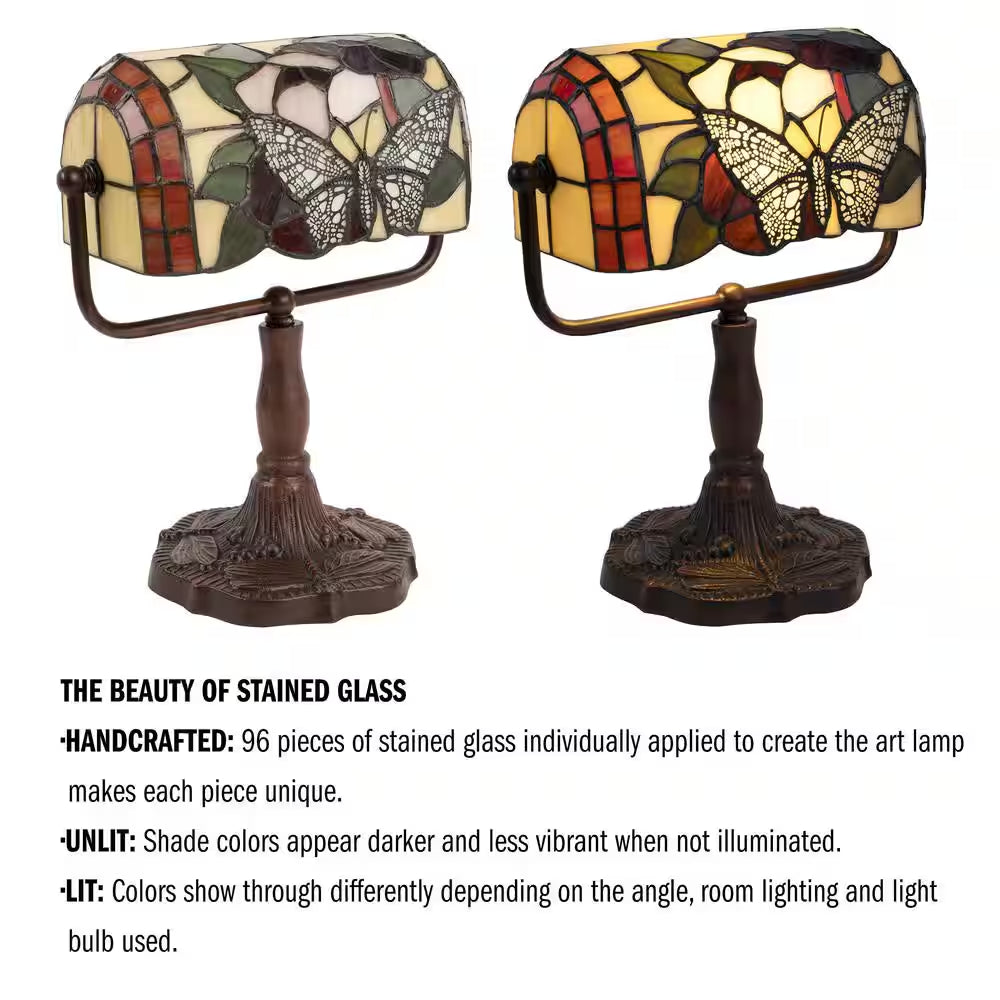 12.5 In. Multi-Colored Tiffany Style LED Bankers Lamp with Butterfly Design