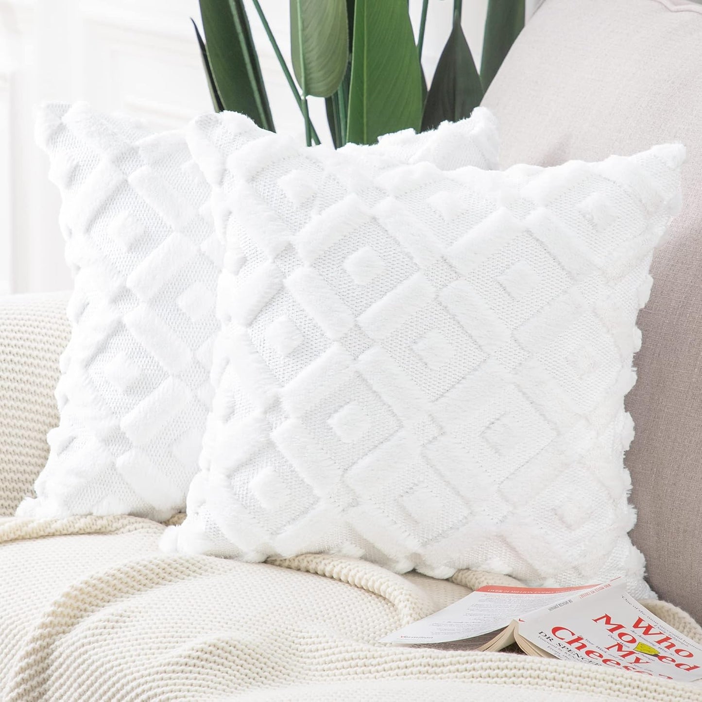 MADIZZ Set of 2 Beige Plush Short Wool Throw Pillow Covers 20X20 Inch Square Super Soft Cozy Decorative Velvet Cushion Cover for Sofa Bedroom Livingroom Pillow Shell