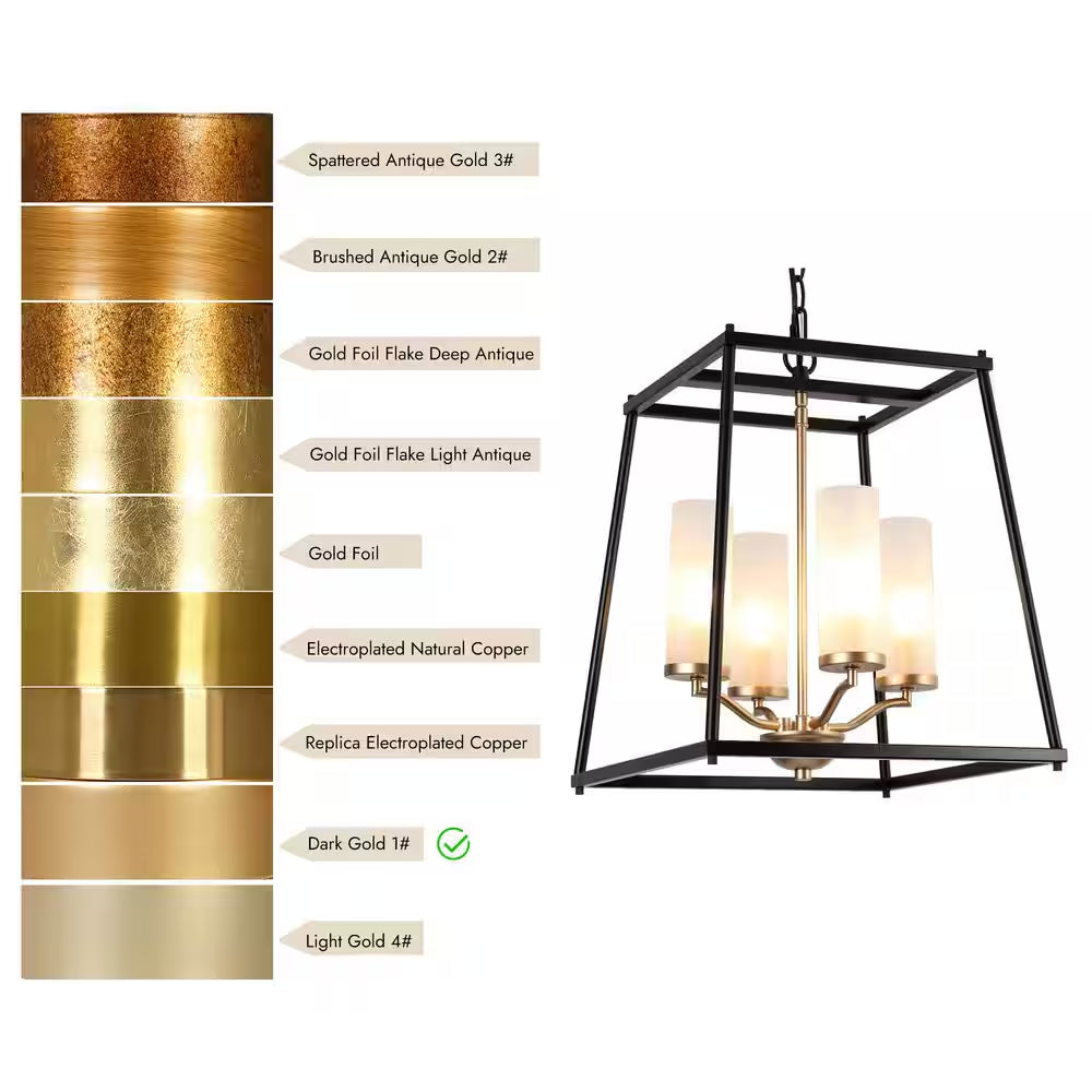 Industrial 4-Light Black Rectangle Chandelier with Frosted Glass Shades, Transitional Gold Pendant Light for Dining Room