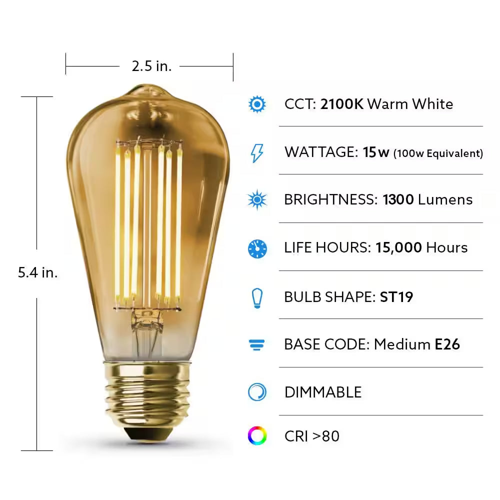 100-Watt Equivalent ST19 Dimmable Straight Filament Amber Glass E26 Vintage Edison LED Light Bulb, Warm White 3000K