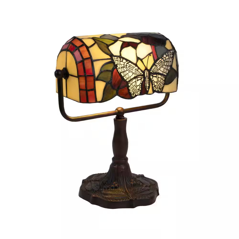 12.5 In. Multi-Colored Tiffany Style LED Bankers Lamp with Butterfly Design
