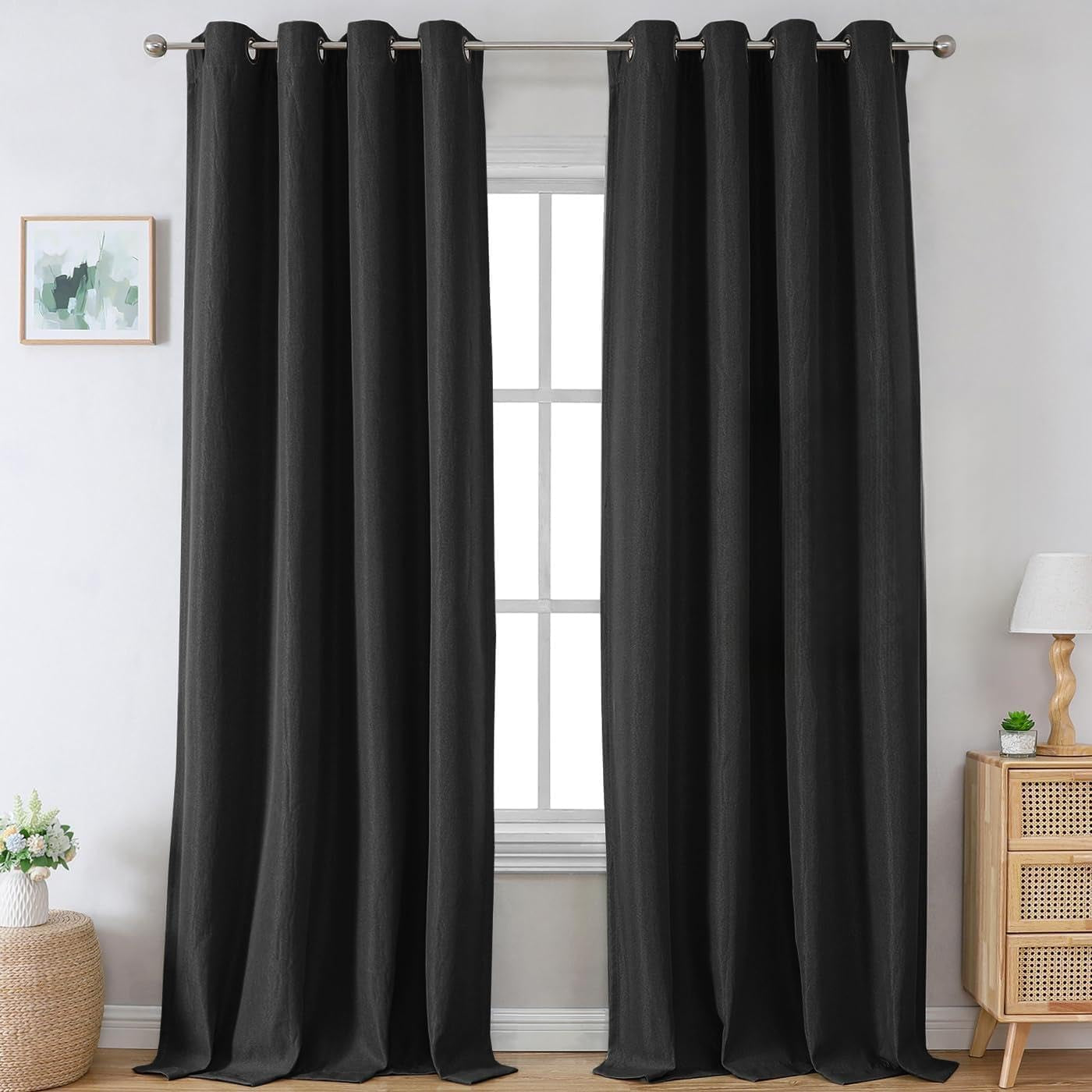 H.VERSAILTEX Linen Blackout Curtains 96 Inch Linen Textured Room Darkening Curtain for Bedroom Boho Rustic Farmhouse Decor Burlap Curtains Grommet Linen Curtain Drapes 2 Panels, Heather Light Taupe