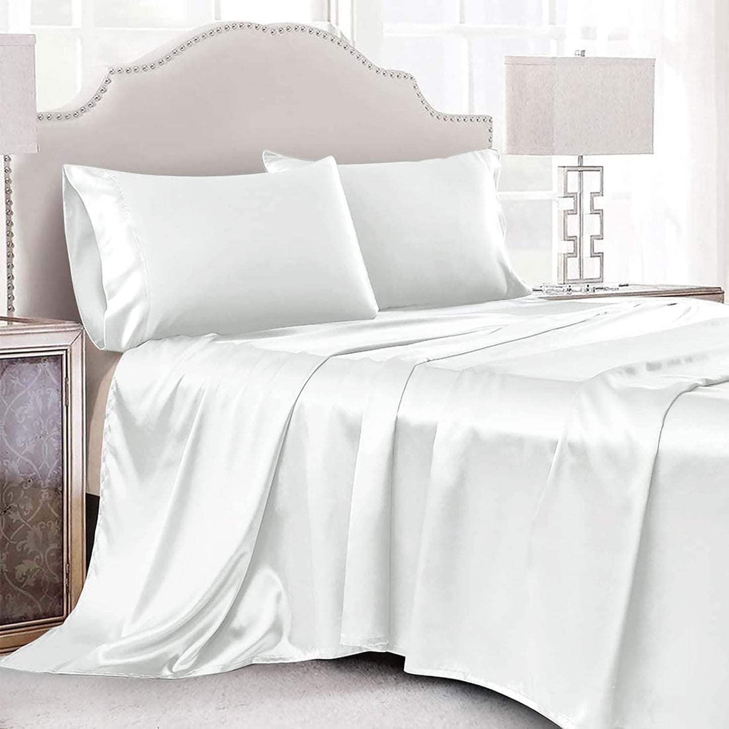 4 Piece Luxury Queen Sheet Set, Taupe Satin Sheet Set, Soft Silky Bed Sheets Queen Set with 1 Deep Pocket Fitted Sheet 1 Flat Sheet 2 Satin Pillowcases