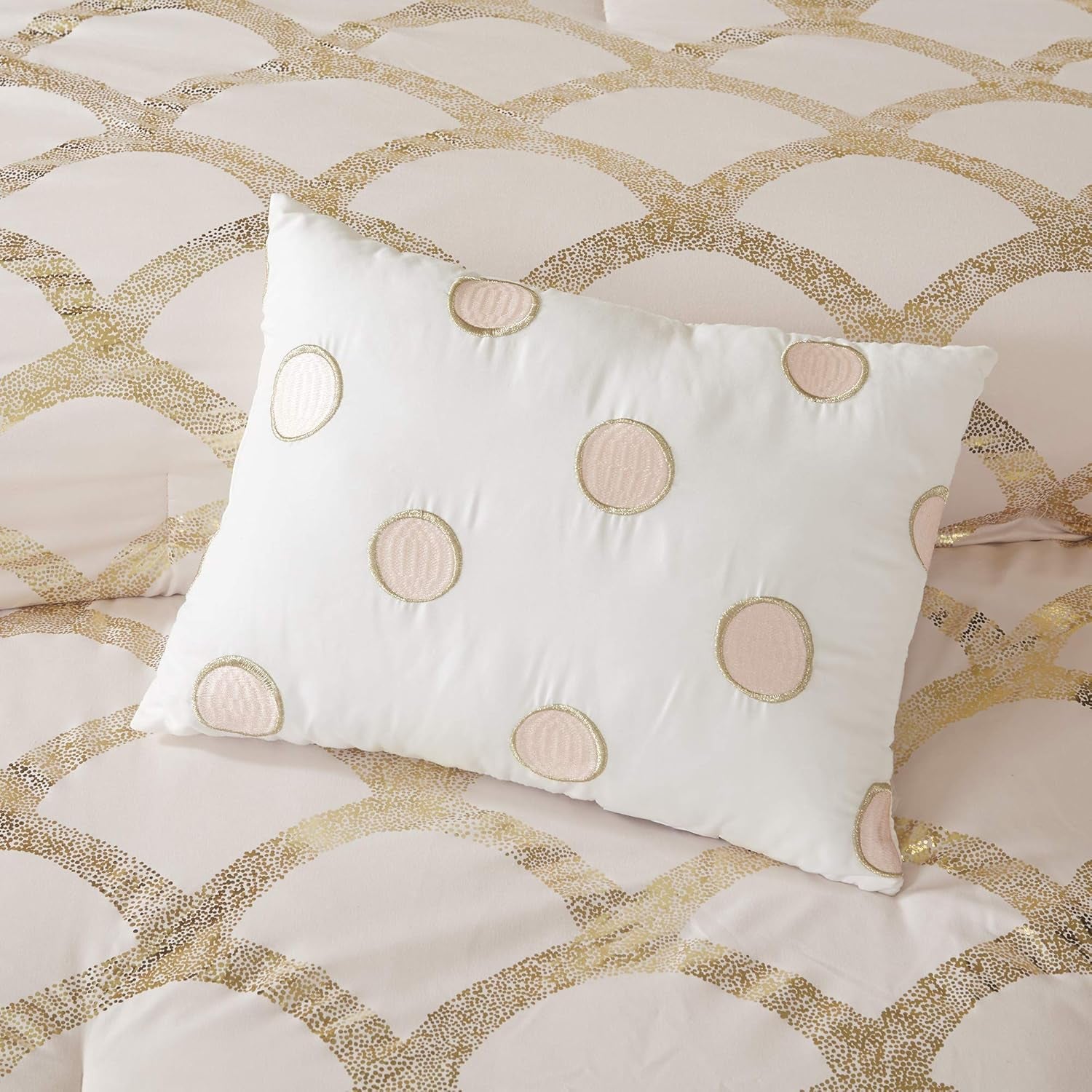 Lorna Complete Bed in a Bag Trendy Metallic Mermaid Scale Scallop Print Comforter with Polka Dots Sheet Set, Teen Bedding for Girls Bedroom, Twin, Blush 6 Piece