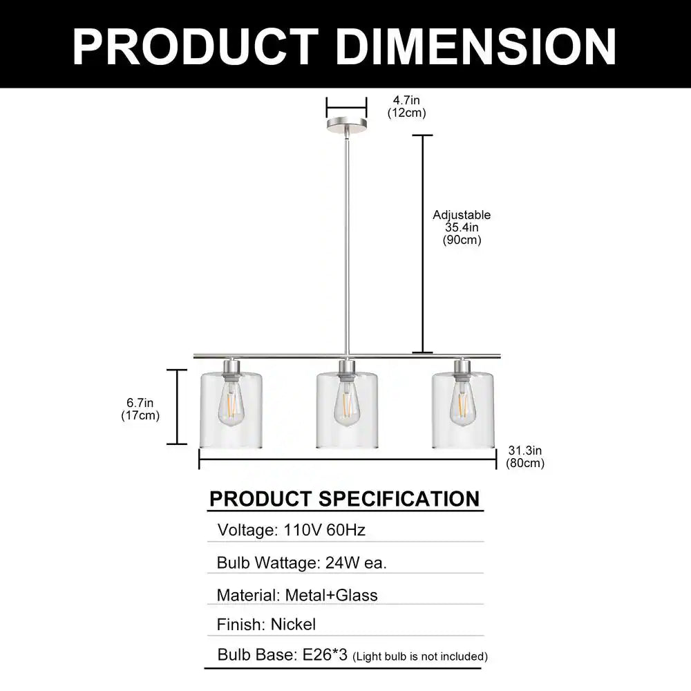 3-Light Brushed Nickel Modern Island Pendant Light Fixtures, Linear Chandelier Hanging Light with Clear Glass Shade