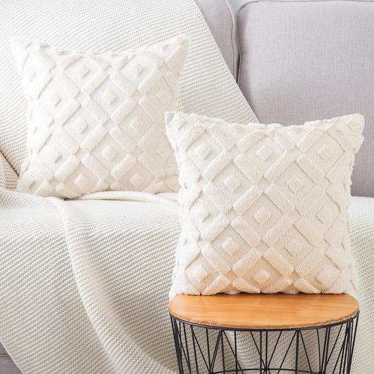 MADIZZ Set of 2 Beige Plush Short Wool Throw Pillow Covers 20X20 Inch Square Super Soft Cozy Decorative Velvet Cushion Cover for Sofa Bedroom Livingroom Pillow Shell