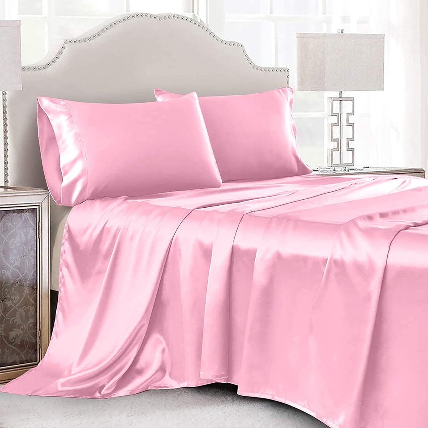 4 Piece Luxury Queen Sheet Set, Taupe Satin Sheet Set, Soft Silky Bed Sheets Queen Set with 1 Deep Pocket Fitted Sheet 1 Flat Sheet 2 Satin Pillowcases