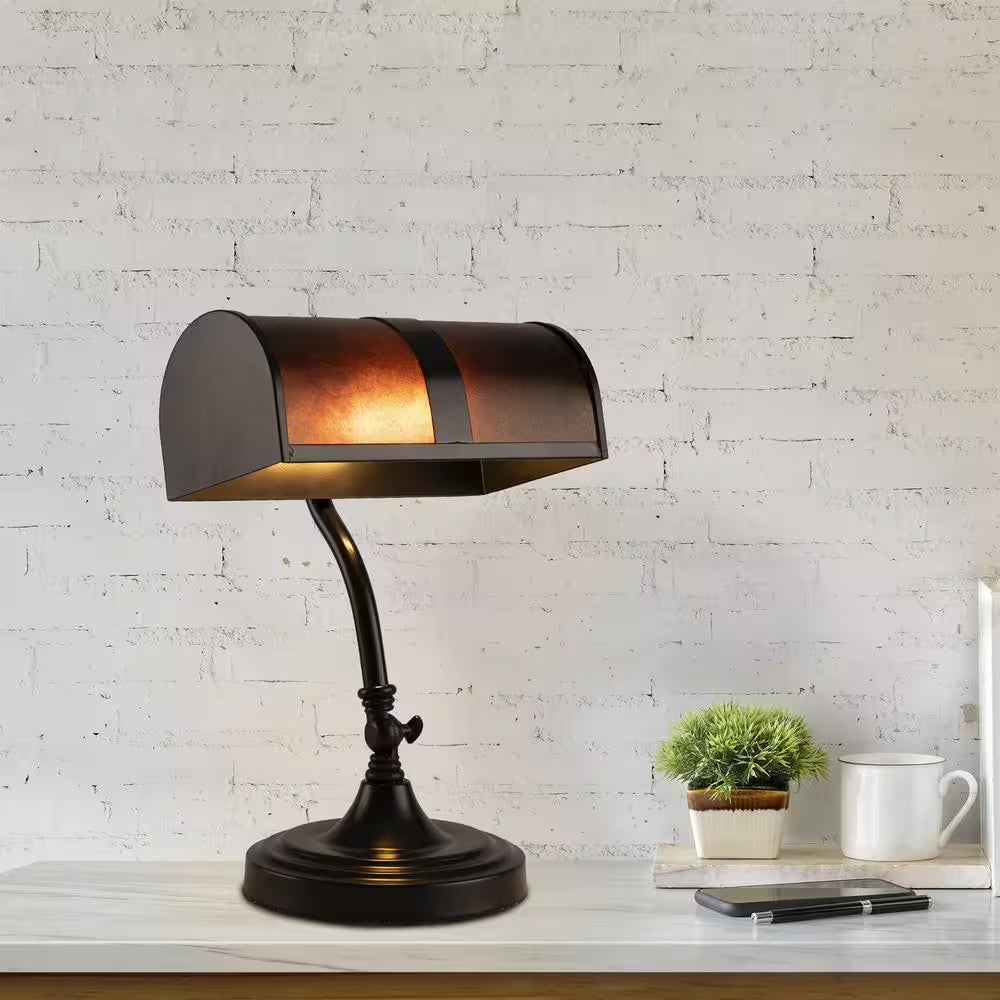 14 In. Black Mission Style LED Bankers Lamp with Amber Mica Shade