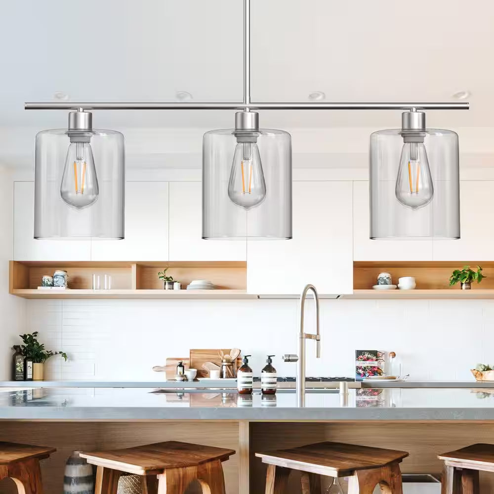 3-Light Brushed Nickel Modern Island Pendant Light Fixtures, Linear Chandelier Hanging Light with Clear Glass Shade
