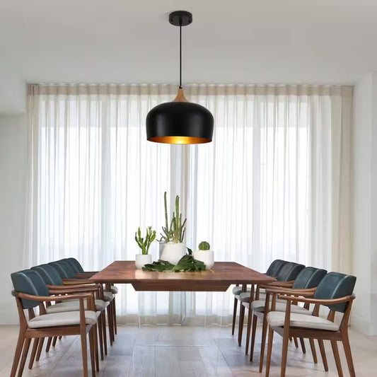 1-Light Black Metal Dome Pendant Light with Solid Wood Accents, No Bulbs Included