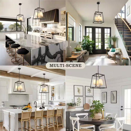 Classic 4-Light Black Cage Chandelier Lighting with Fabric Shades, Modern Square Pendant Light for Dining Room