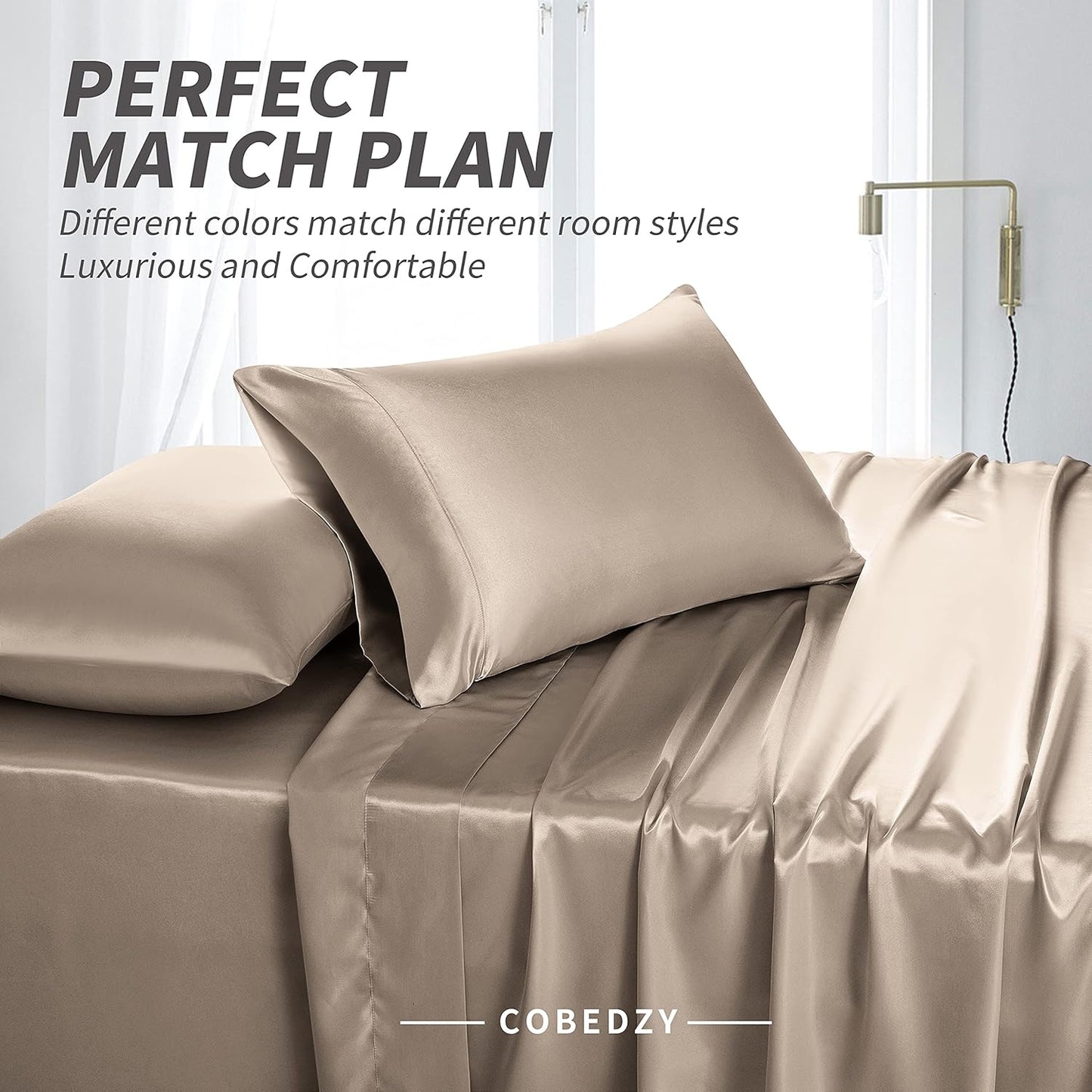 4 Piece Luxury Queen Sheet Set, Taupe Satin Sheet Set, Soft Silky Bed Sheets Queen Set with 1 Deep Pocket Fitted Sheet 1 Flat Sheet 2 Satin Pillowcases