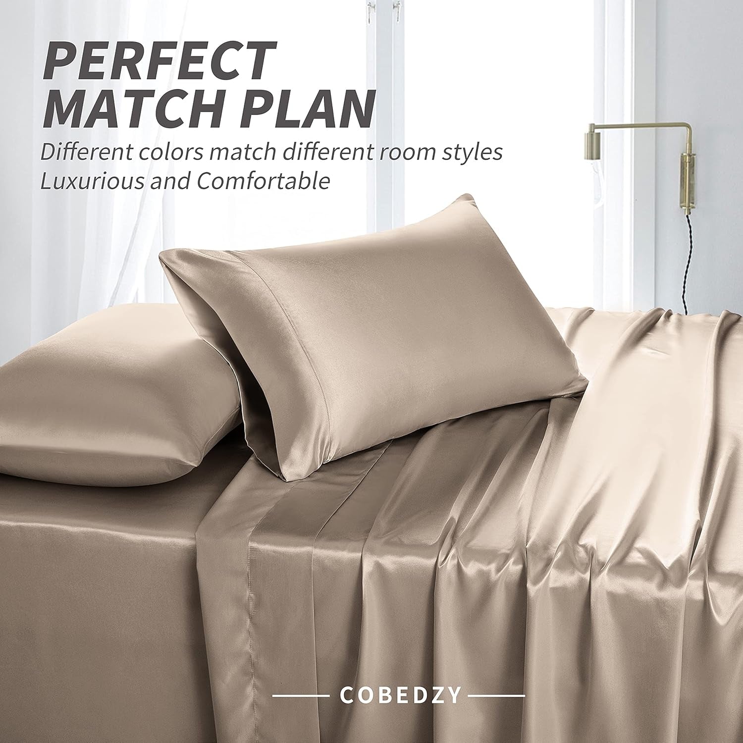 4 Piece Luxury Queen Sheet Set, Taupe Satin Sheet Set, Soft Silky Bed Sheets Queen Set with 1 Deep Pocket Fitted Sheet 1 Flat Sheet 2 Satin Pillowcases