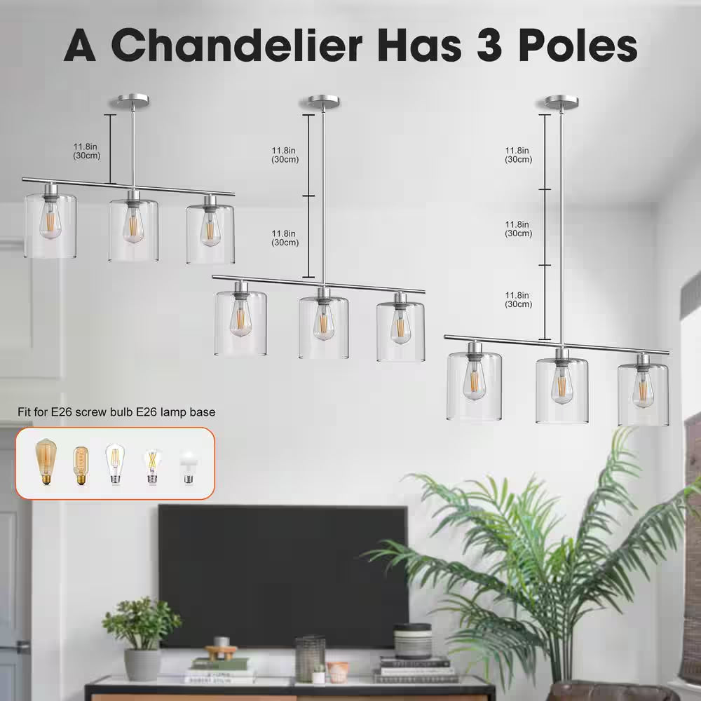 3-Light Brushed Nickel Modern Island Pendant Light Fixtures, Linear Chandelier Hanging Light with Clear Glass Shade