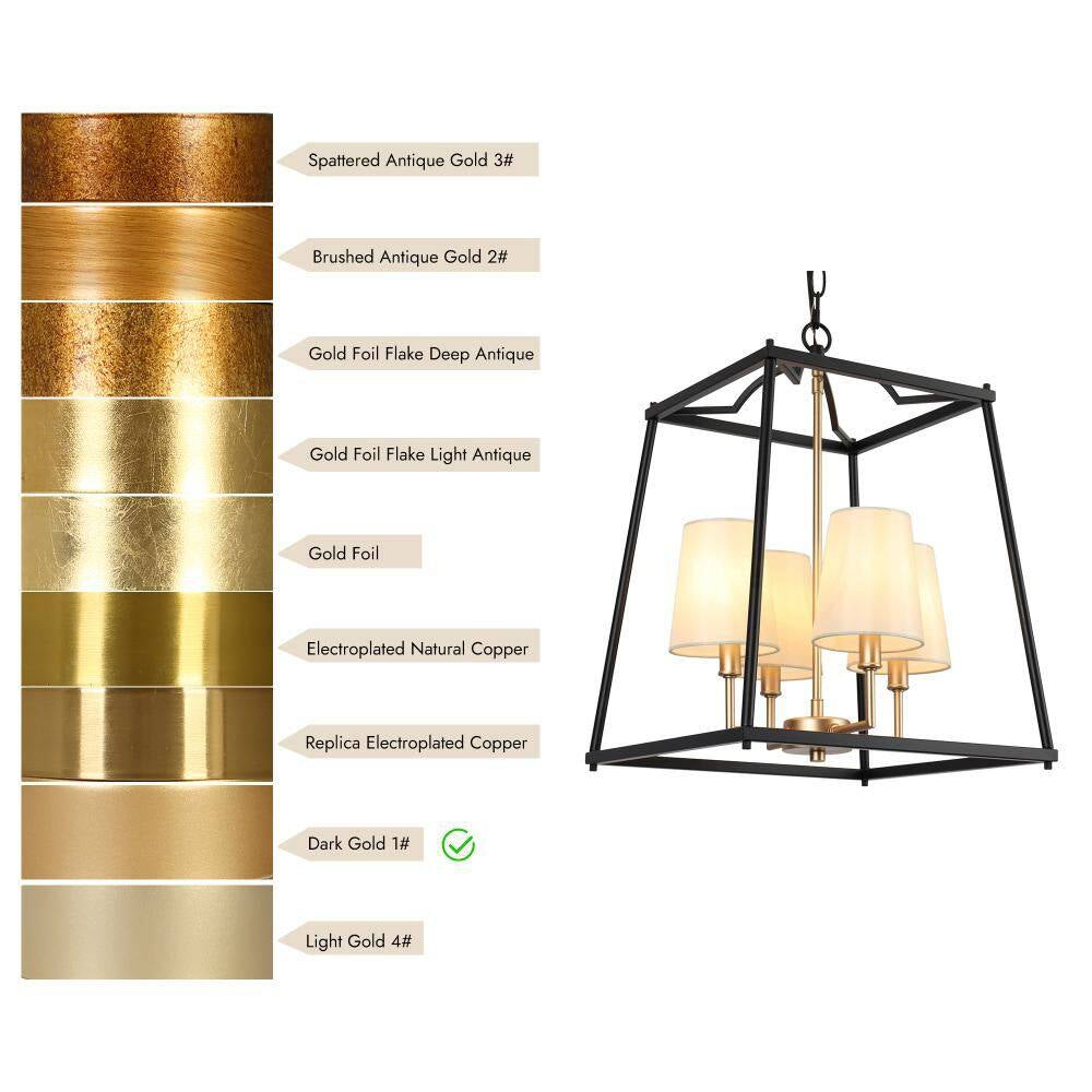 Classic 4-Light Black Cage Chandelier Lighting with Fabric Shades, Modern Square Pendant Light for Dining Room
