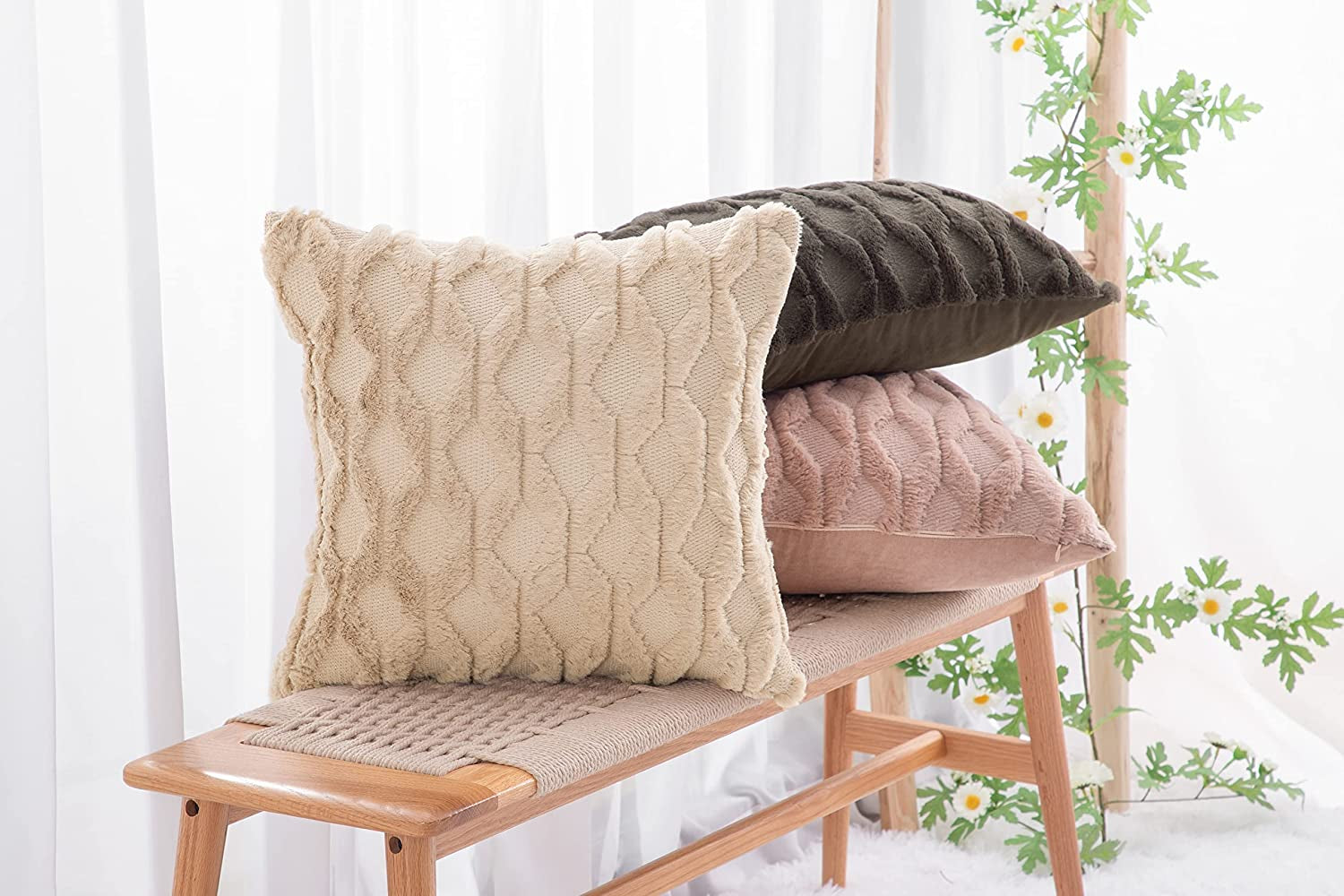 MADIZZ Set of 2 Soft Plush Short Wool Velvet Decorative Throw Pillow Covers 12X20 Inch Light Brown Rectangular Luxury Style Cushion Cases Pillow Shell for Sofa Bedroom