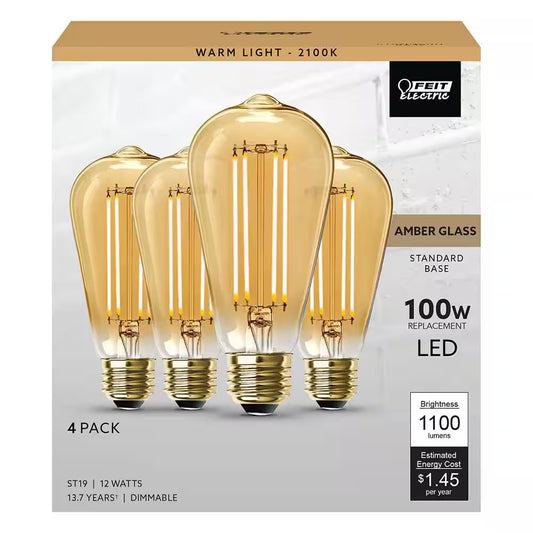 100-Watt Equivalent ST19 Dimmable Straight Filament Amber Glass Vintage Edison E26 LED Light Bulb, Warm White (4-Pack)